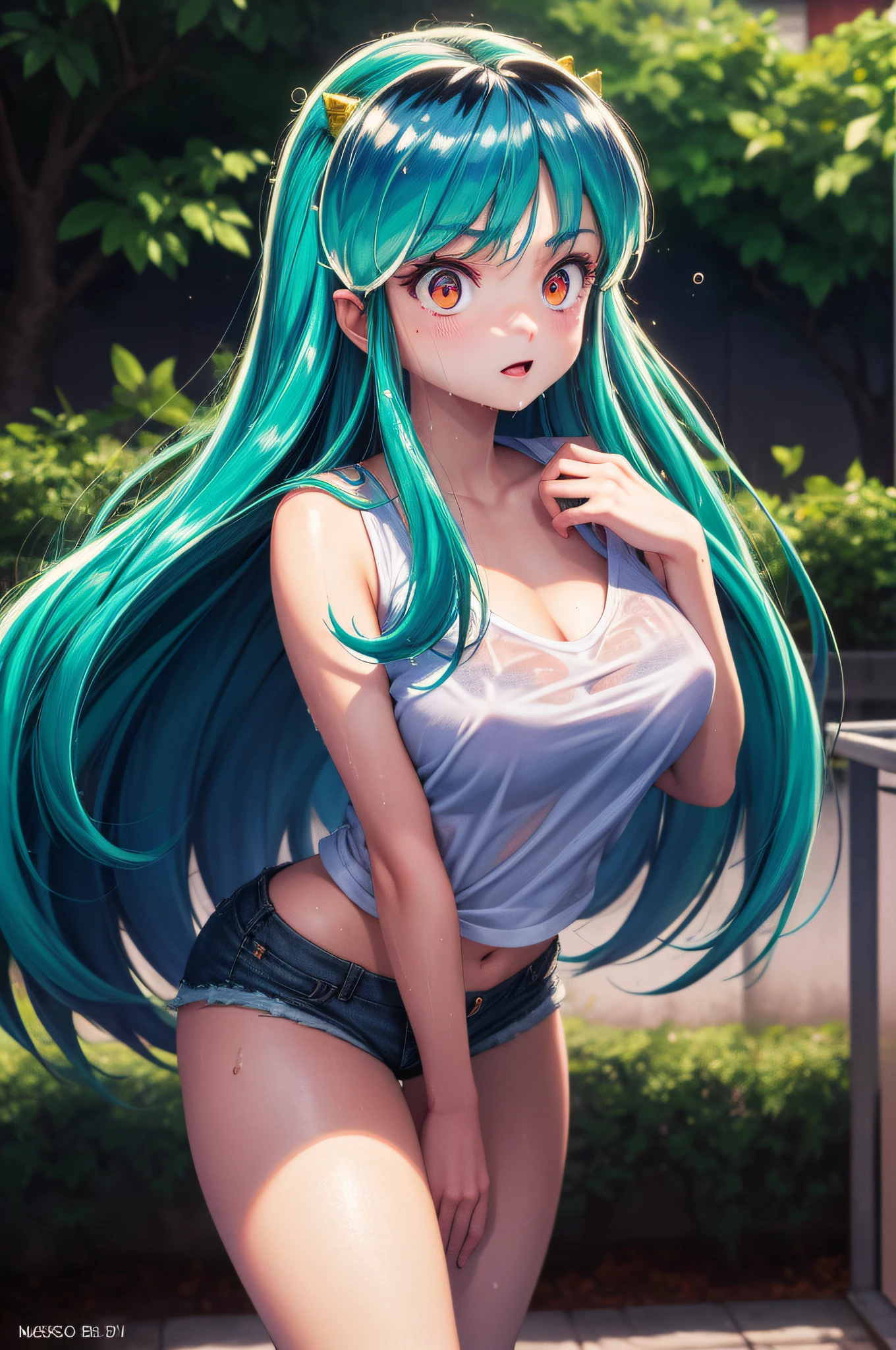 Lum invadeer, big boobs, wet, sweat, Best Quality, Ultra High Definition, Max Resolution, Ultra Detail, Anime, Bottom, A Girl, Very Cute, Medium Hair, Black Hair, Hair Ribbon, Hairpin, Colored Eyes, Short Shorts, Big Ass, Nipples