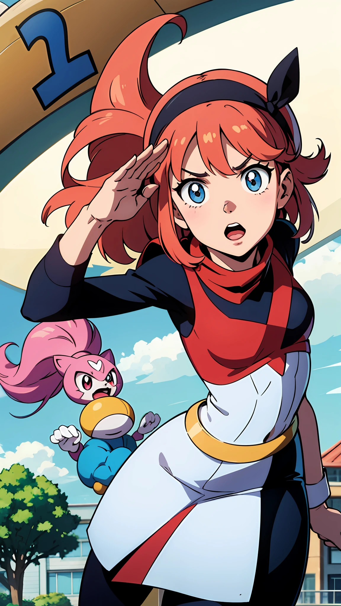 character from pokemon, salute, floating hair, 80s anime, dynamic poses, school landscape, Vivid colors. High image quality.