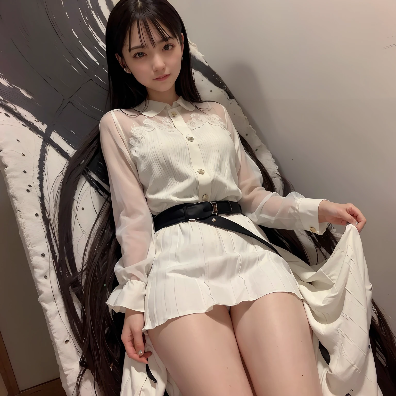 (8k, Best Quality, Masterpiece:1.2), (Realistic, Photorealistic:1.37), Ultra Detailed, Small,1 Girl,Cute,Solo,Beautiful Detailed Sky,Date,(Blush),(Smile:1.15),(Closed Mouth)Small Breasts, Delicate Body、Black Eyes、Neat,Beautiful Detailed Eyes,(Long Hair: 1.2)Black Hair,Floating Hair NovaFrogStyle, Full body, Thin legs, White blouse