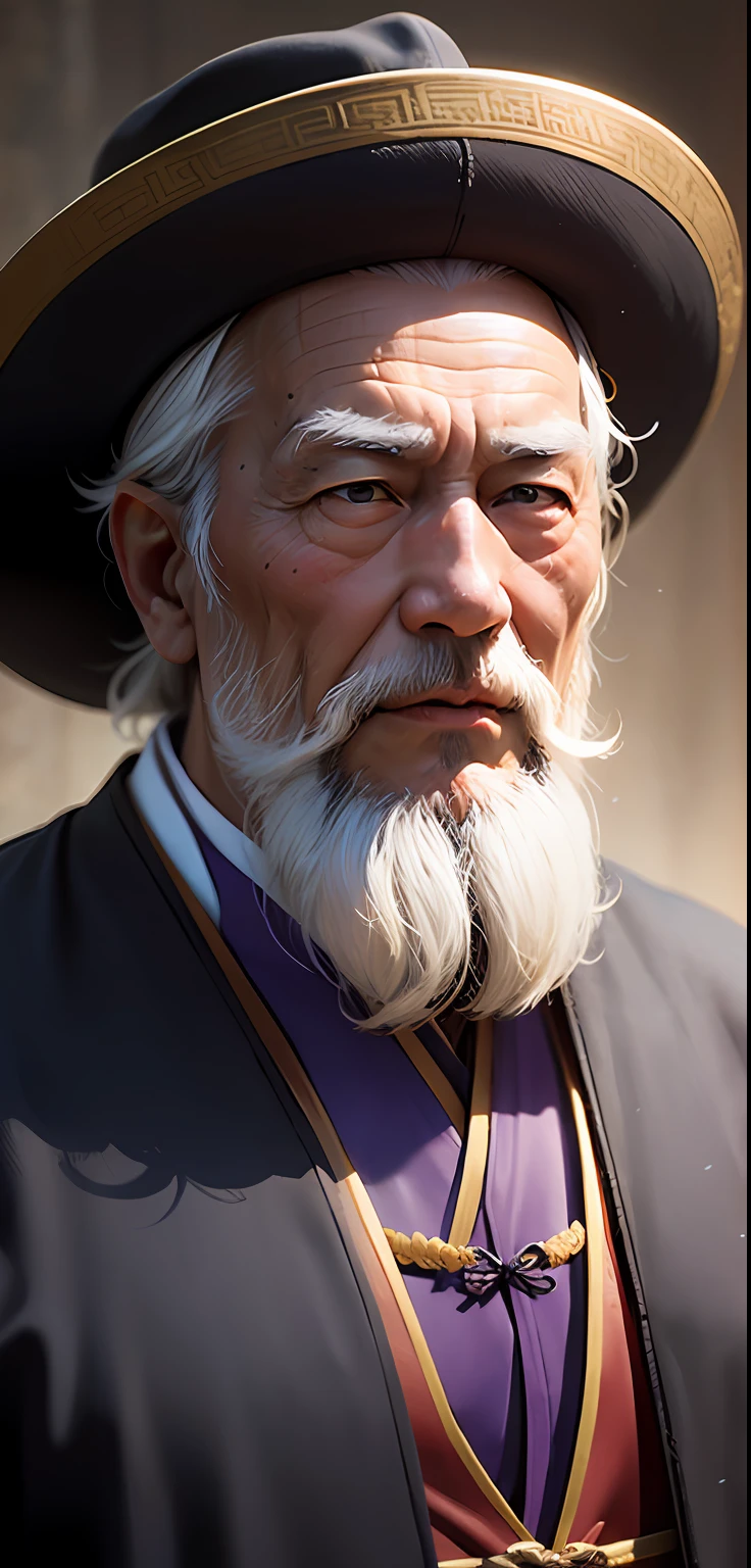 Chinese Taoist Heavenly Master, Zhang Daoling, traditional purple Taoist robe, close-up of old man with long white beard and hat,,, real and realistic, 2D human figure, front picture