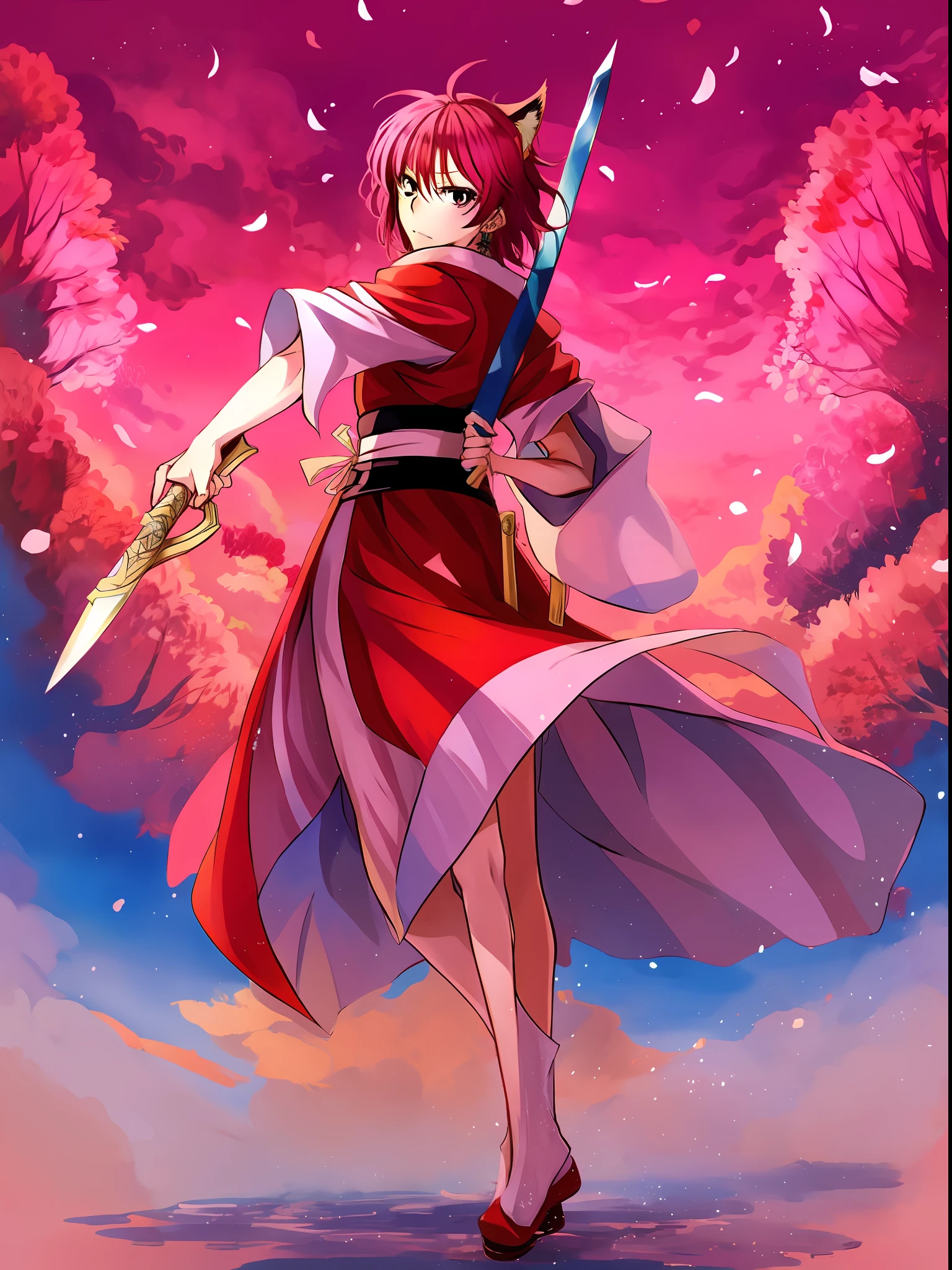 anime character dressed in red holding a sword and a pink dress, fox nobushi holding a naginata, fox nobushi, zerochan art, by Shingei, by Shitao, zerochan, pixiv, inspired by Ryūkōsai Jokei, pixiv contest winner, inspired by Kikuchi Yōsai