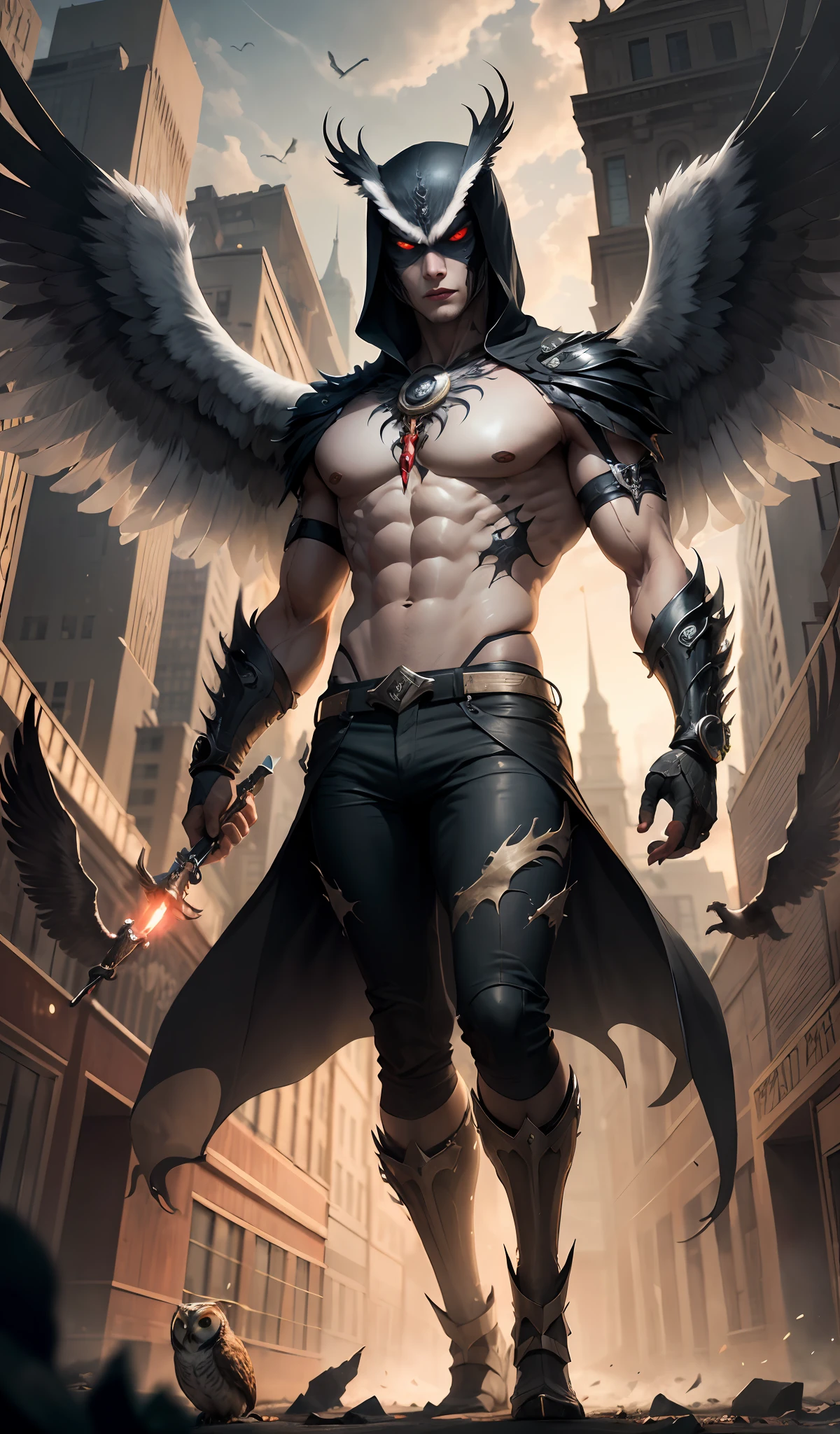 Young angel man, evil, owl-like, with four black wings, red eyes, evil look, dark aura, man