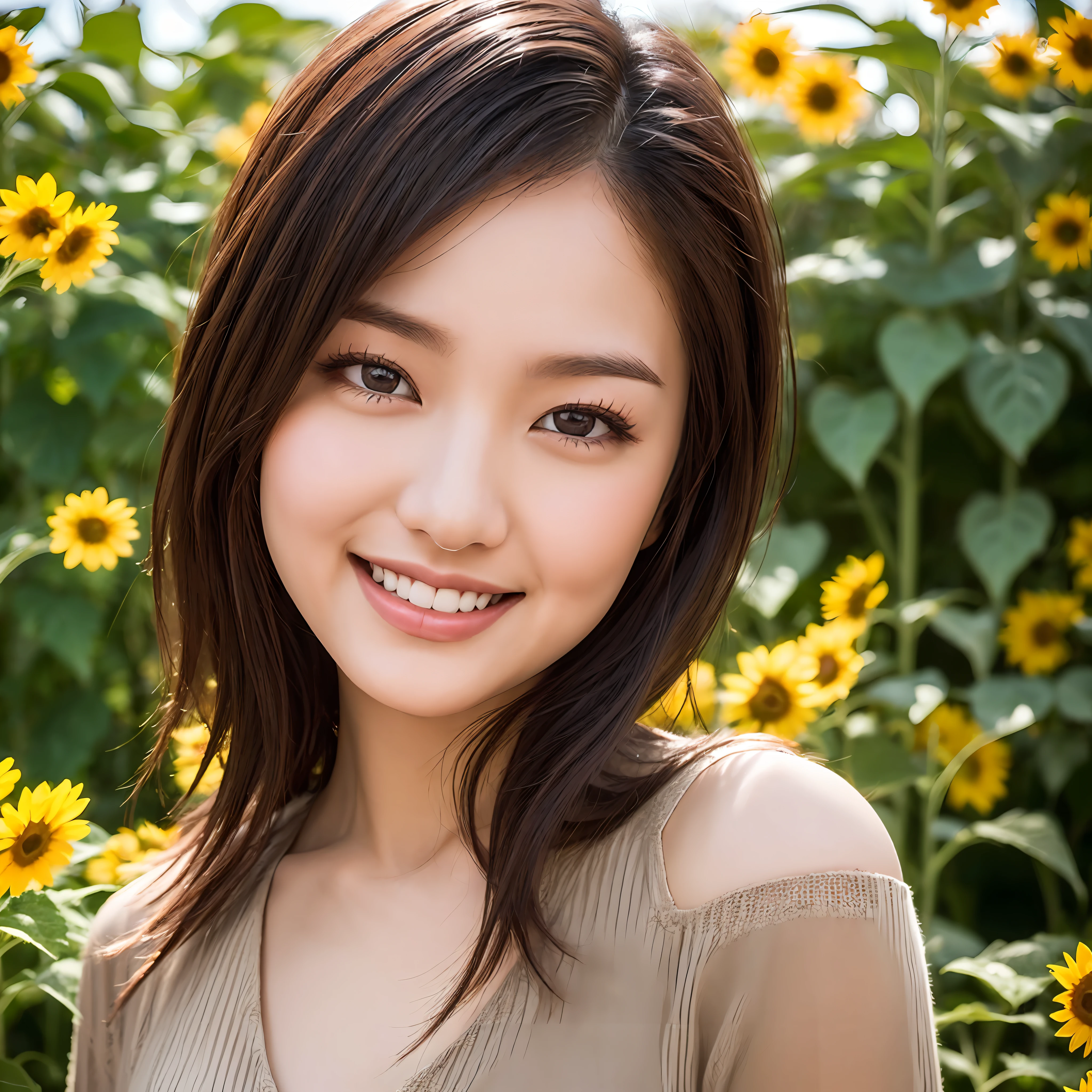 Photos taken by professional photographers, realistic photos, realistic skin texture, portrait of a 20-year-old Japan woman, sunflower field in full bloom in the background, egg-shaped face, healthy skin tone, real and beautiful skin with pores, slightly wavy maroon shoulder-length hair, dark brown slightly sagging eyes, plump and attractive lips, simple short sleeve dress, slightly thick dark brown eyebrows, beautiful woman with a neat atmosphere, A smile that tends to bite, a slightly worried expression --auto