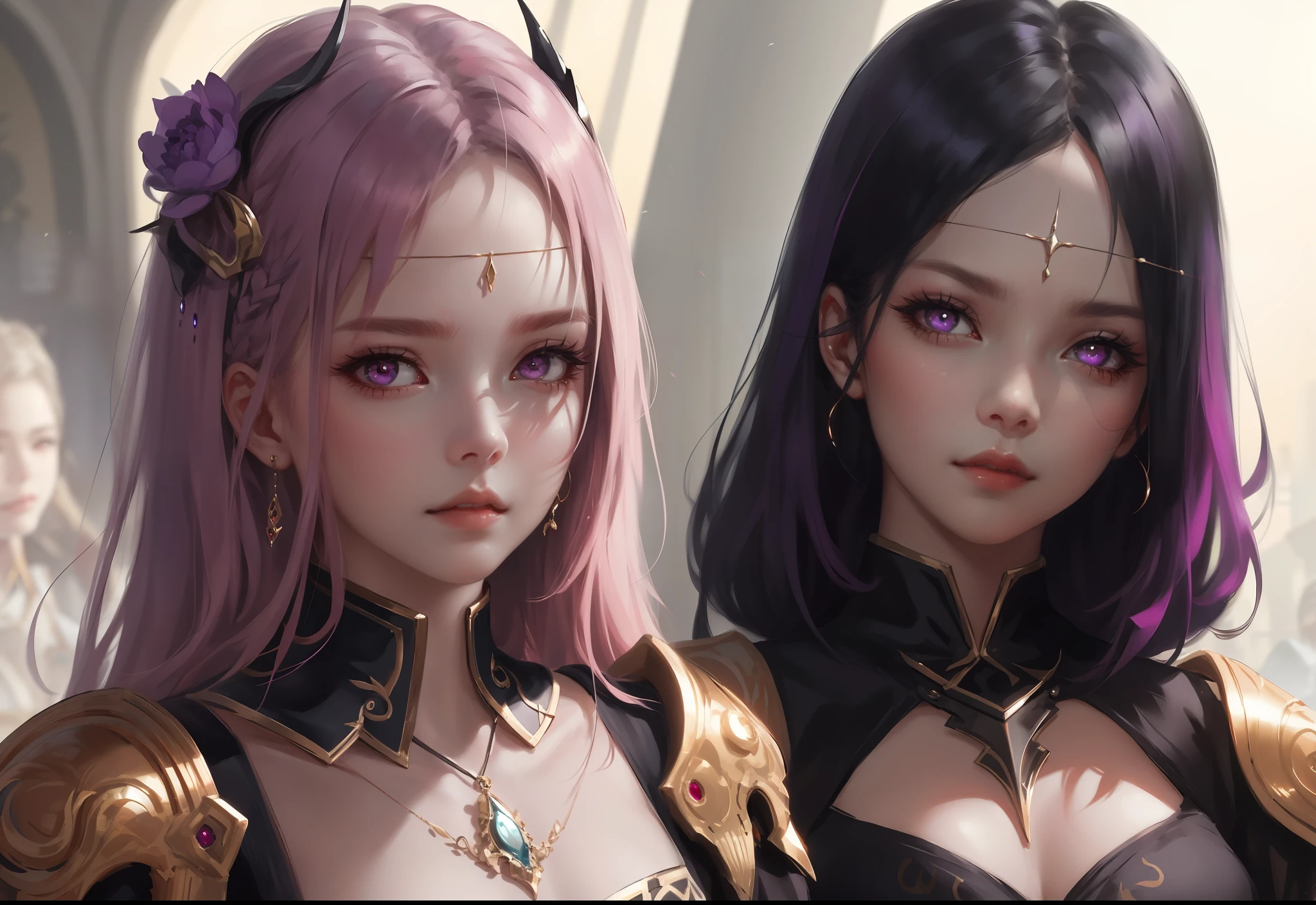 wlop, aeolian, jewelry, cute girl, eastern,purple hair, pink eyes,
shiny eyes