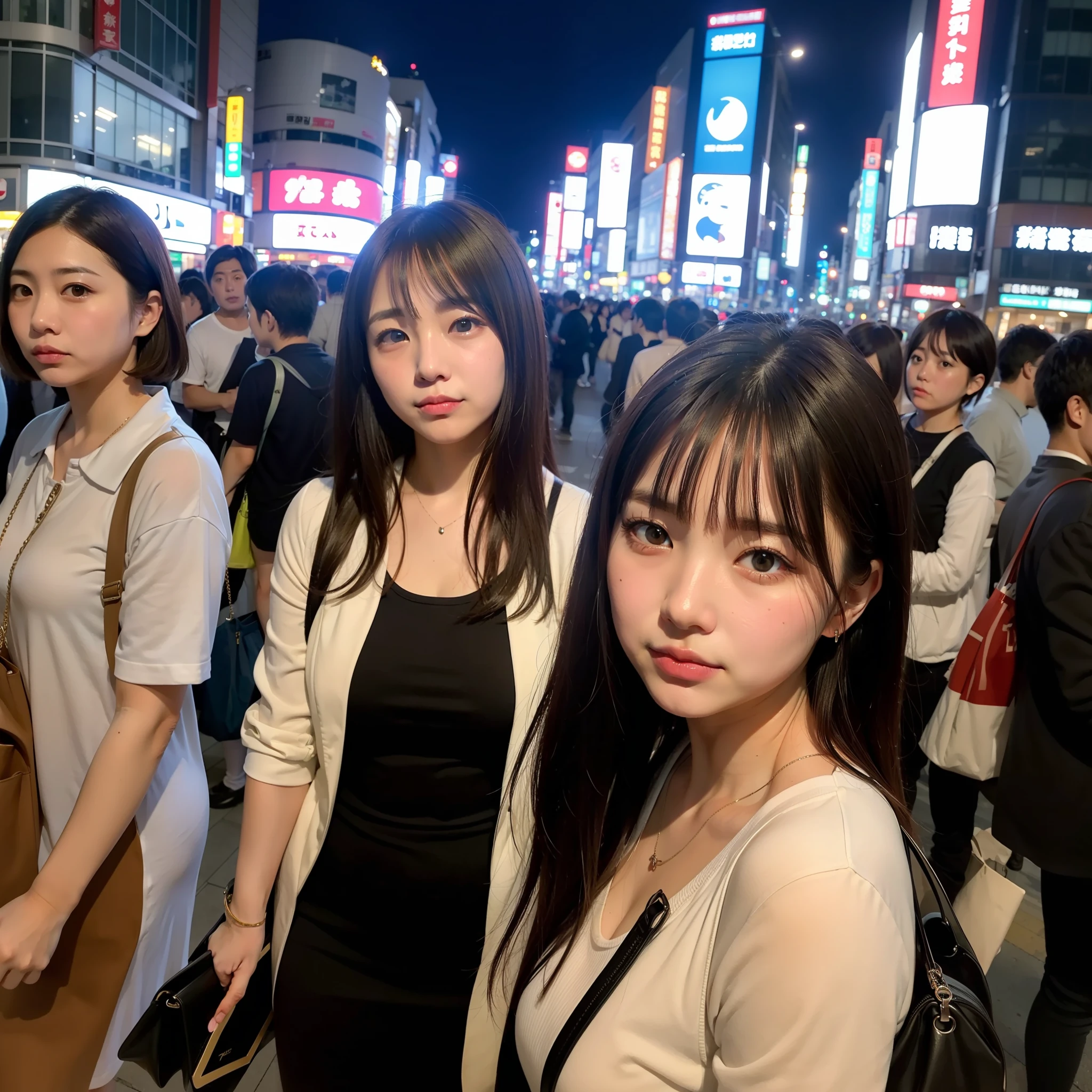city, night, crowd, japan, tokyo, shibuya cross road, womman, casual, korean, beauty, cute, mature, see up, tilting face, wide lens, taken with fuji film camera, hdr
