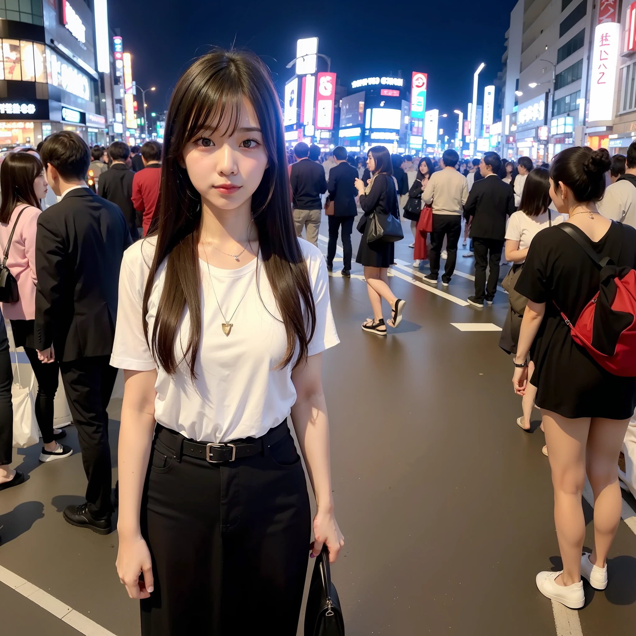 city, night, crowd, japan, tokyo, shibuya cross road, womman, casual, korean, beauty, cute, mature, see up, tilting face, wide lens, taken with fuji film camera, hdr