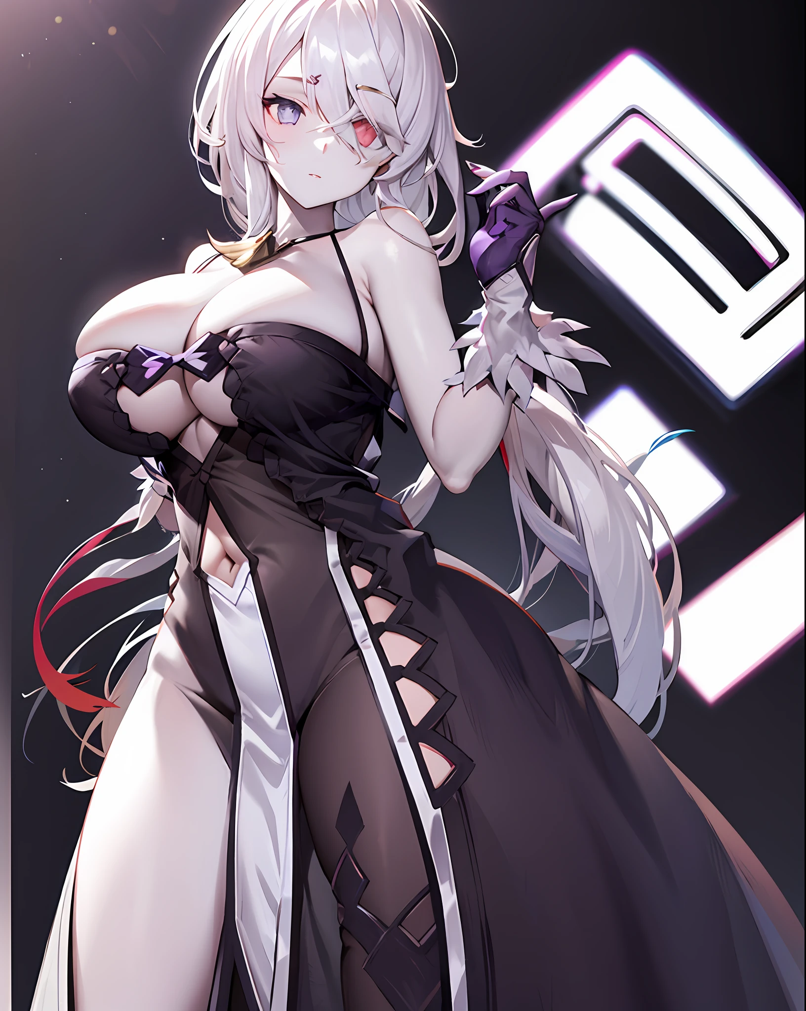 black nightgown, see-through, 1girl, solo,white hair,heterochromia,purple eyes,large breasts,cleavage, cowboy shot, , crossed bangs, pale skin,OfficialOutfit, Default Clothing for, atelier background, workshop background