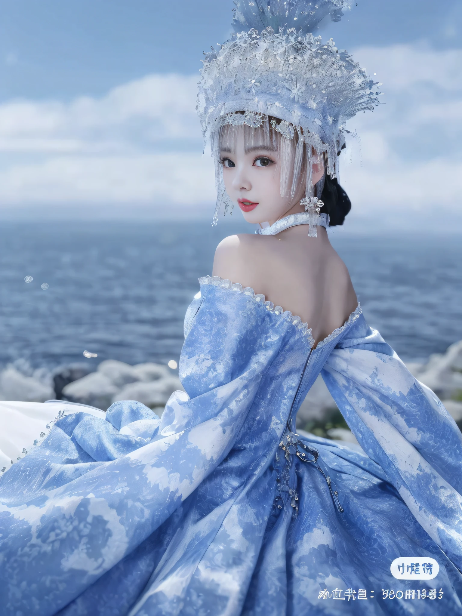 arafed woman in a blue dress and a white hat, queen of the sea mu yanling, a beautiful fantasy empress, hanfu, palace , a girl in hanfu, white hanfu, ((a beautiful fantasy empress)), wearing ancient chinese clothes, traditional chinese clothing, inspired by Qiu Ying, wearing a luxurious silk cloak, chinese costume