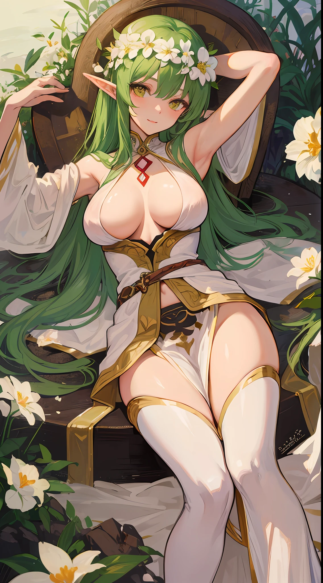 1mature elves girl, green long hair, golden eyes, white sage robe, she have white flower in her head and medium boobs and looks so sexy