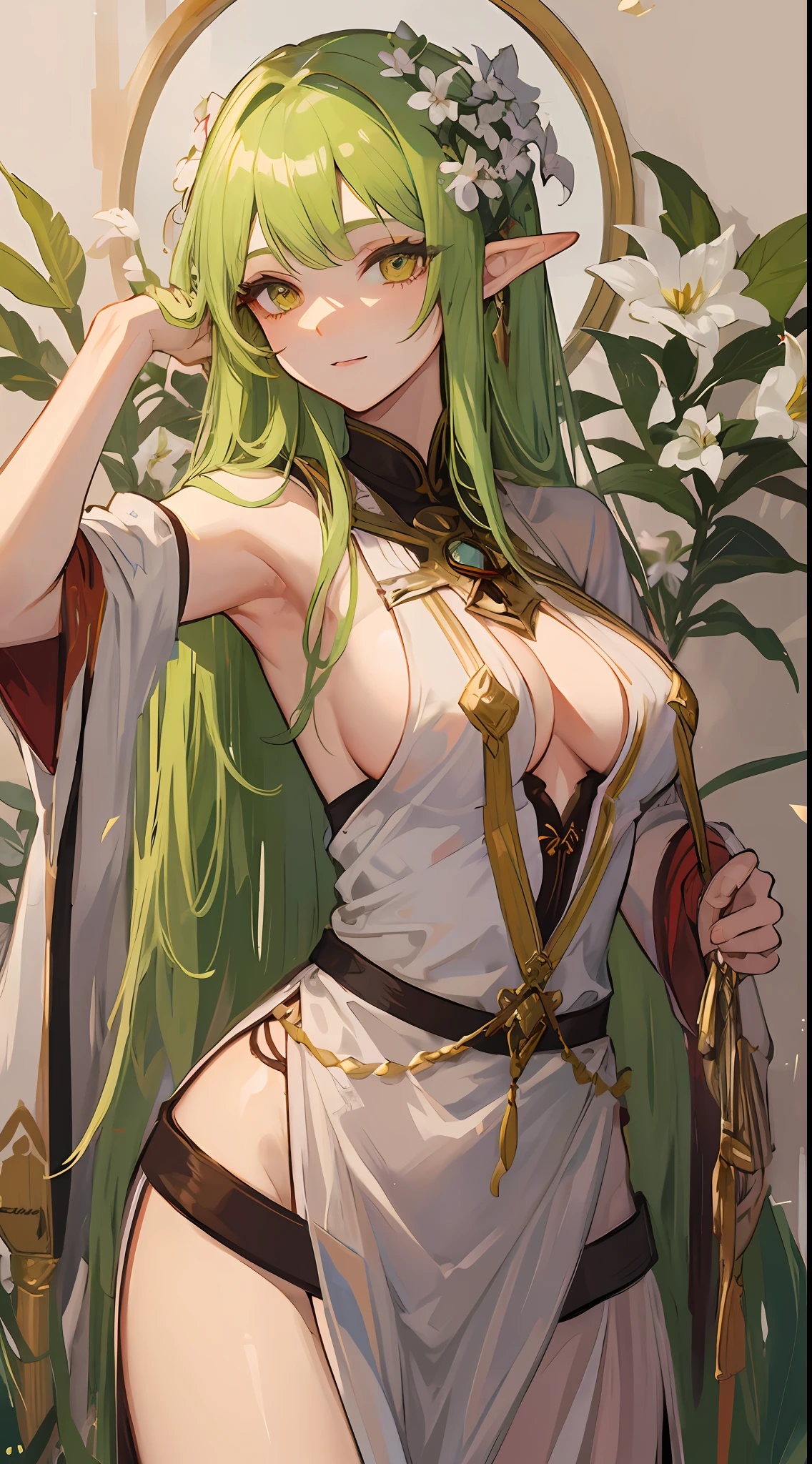1mature elves girl, green long hair, golden eyes, white sage robe, she have white flower in her head and medium boobs and looks so sexy