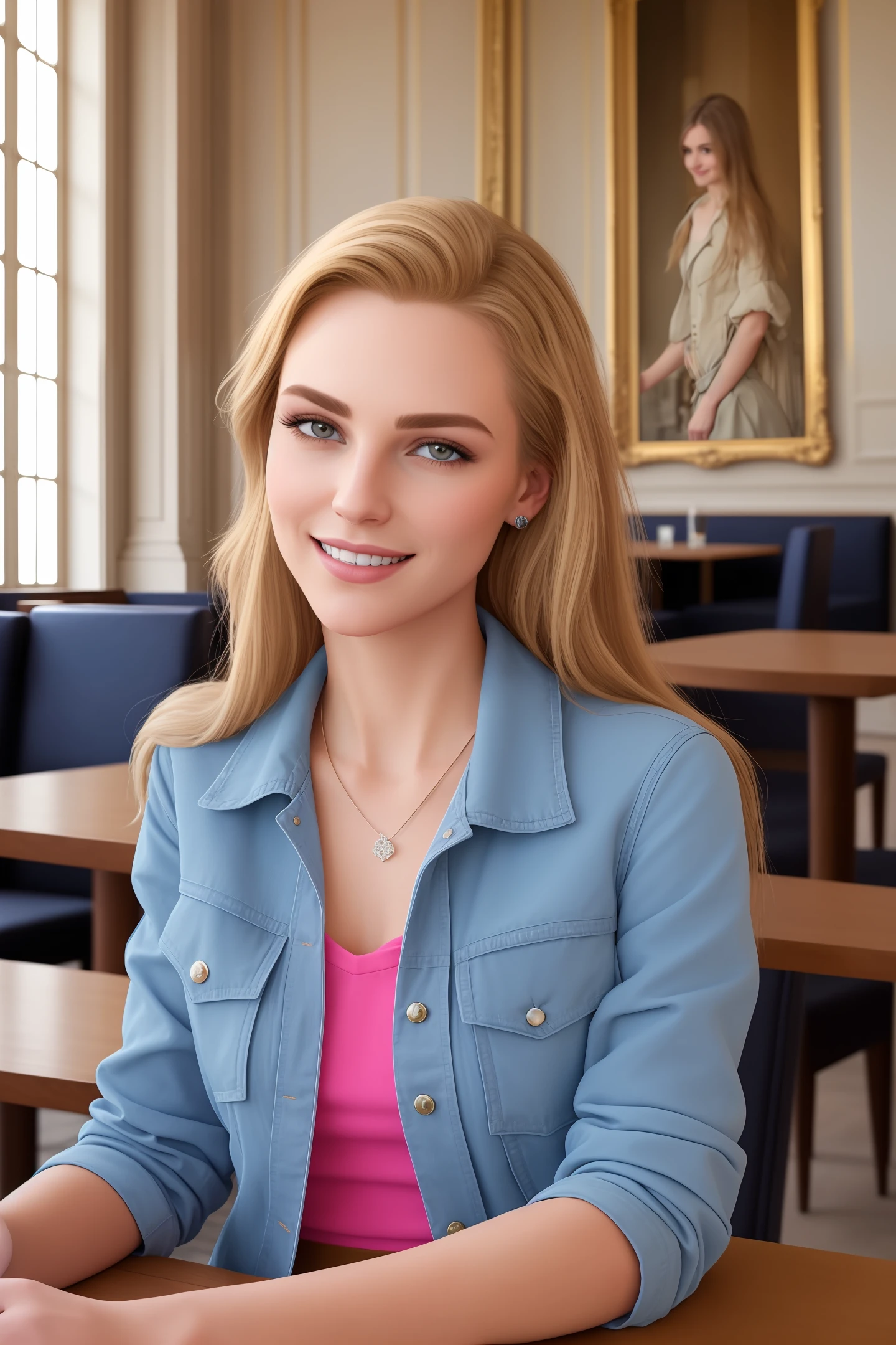 Photo ultra-realistic masterpiece 8k Full HD selfie mode princess style upper face woman 30 years laid-back French features blonde long hair light blue eye smiling dark red jacket skirt in a café near the Palace of Versailles at dawn
