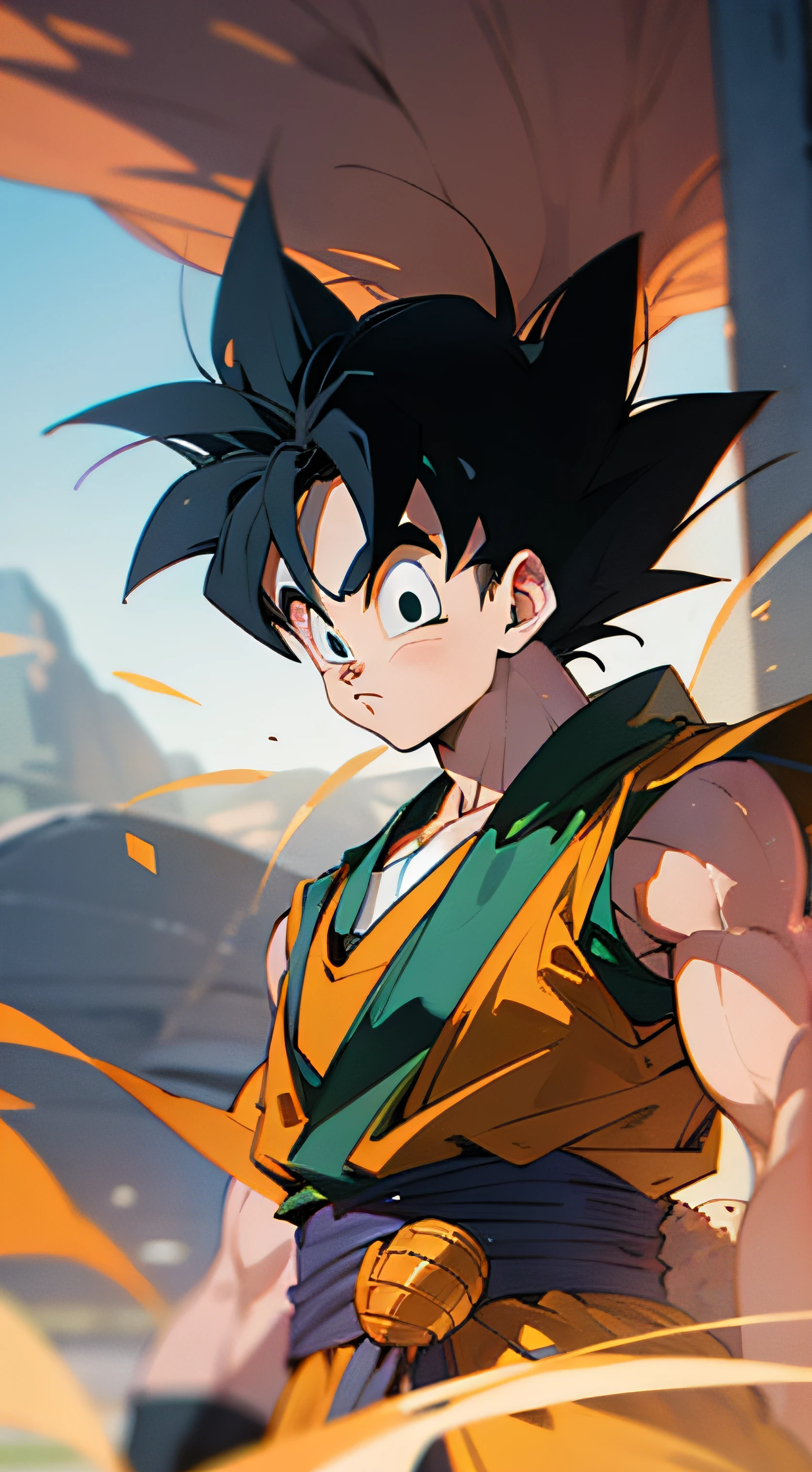 Goku, dragon ball, shonen style, 2d image, 9:16, sharp focus, look at viewer, Standard Scenery, proper lighting, cgi, best quality