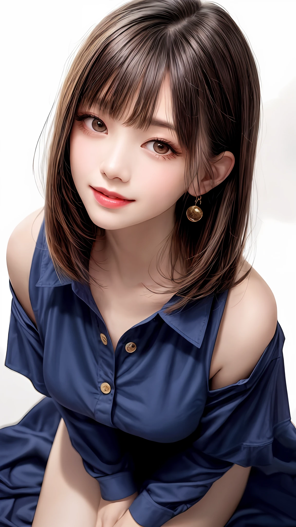 Pee (incontinence: 1.47), fashion trendy beautiful and attractive woman, gentle and attractive Chinese beautiful woman, Korean (kpop idol), delicate and sexy collarbone, attractive oval face, double eyelids, smart [peach] flower eyes, pink lips, small nose, bare shoulders, focus on face, [[face close-up], ultra high definition, super detail, White off-shoulder lace shirt, (((white lace panties), fresh and impressive, natural (large: 1.25), (kneel on the ground), (legs wide open), (legs spread), (from a low angle), (upright 1.5), (shiny skin: 1.4), (low angle)), perfect figure, areola, cleavage, armpit wrinkles, (floor urine)), (NSFW: 1.05), ( Showpiece, top quality, high precision)), one girl, (big, photorealistic: 1.4), (slightly above the camera, looking up at the camera, looking up, looking up at the camera, staring at the camera))), solo, solo, white background, snow-white background, mouth closed, happy smile, pretty black hair, short hair, big eyes, pronounced double eyelids, eyelashes, ears out, long neck, long neck, Absolute area, ((close-up of face, short hair with bangs)), 19 years old, attractive proportions, shiny skin, clean collarbone, golden ratio face, perfect face, teardrop mole, chest mole, bangs, clean bangs, beautiful bangs, lip gloss, thin lips, white skin, undressed, big breasts, small face, staring at the camera a little upwards, ((smiling a little at the camera, really nothing pure white background, very big, big big, big breasts)), ((((uniform, shirt))))
