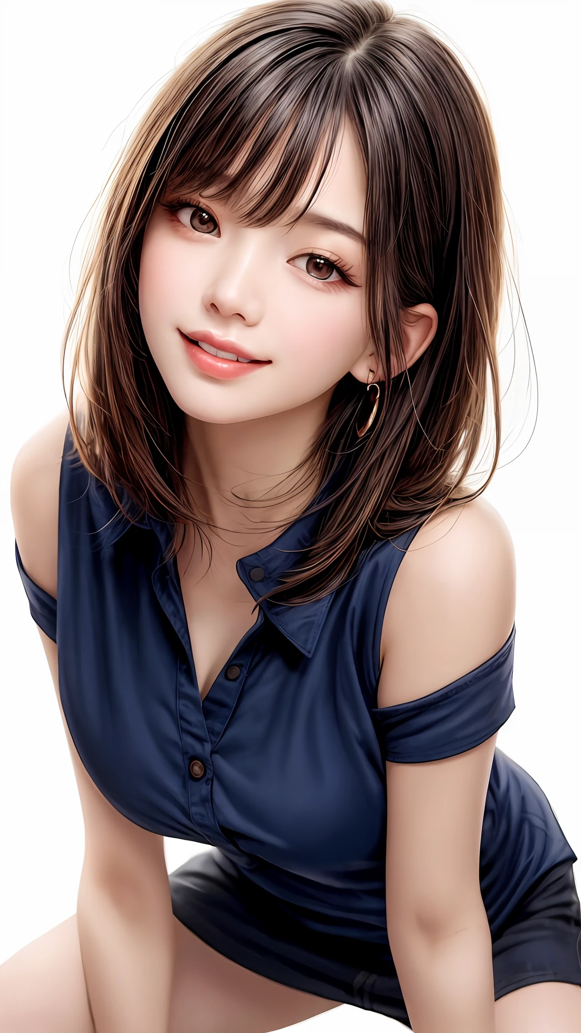 Pee (incontinence: 1.47), fashion trendy beautiful and attractive woman, gentle and attractive Chinese beautiful woman, Korean (kpop idol), delicate and sexy collarbone, attractive oval face, double eyelids, smart [peach] flower eyes, pink lips, small nose, bare shoulders, focus on face, [[face close-up], ultra high definition, super detail, White off-shoulder lace shirt, (((white lace panties), fresh and impressive, natural (large: 1.25), (kneel on the ground), (legs wide open), (legs spread), (from a low angle), (upright 1.5), (shiny skin: 1.4), (low angle)), perfect figure, areola, cleavage, armpit wrinkles, (floor urine)), (NSFW: 1.05), ( Showpiece, top quality, high precision)), one girl, (big, photorealistic: 1.4), (slightly above the camera, looking up at the camera, looking up, looking up at the camera, staring at the camera))), solo, solo, white background, snow-white background, mouth closed, happy smile, pretty black hair, short hair, big eyes, pronounced double eyelids, eyelashes, ears out, long neck, long neck, Absolute area, ((close-up of face, short hair with bangs)), 19 years old, attractive proportions, shiny skin, clean collarbone, golden ratio face, perfect face, teardrop mole, chest mole, bangs, clean bangs, beautiful bangs, lip gloss, thin lips, white skin, undressed, big breasts, small face, staring at the camera a little upwards, ((smiling a little at the camera, really nothing pure white background, very big, big big, big breasts)), ((((uniform, shirt))))
