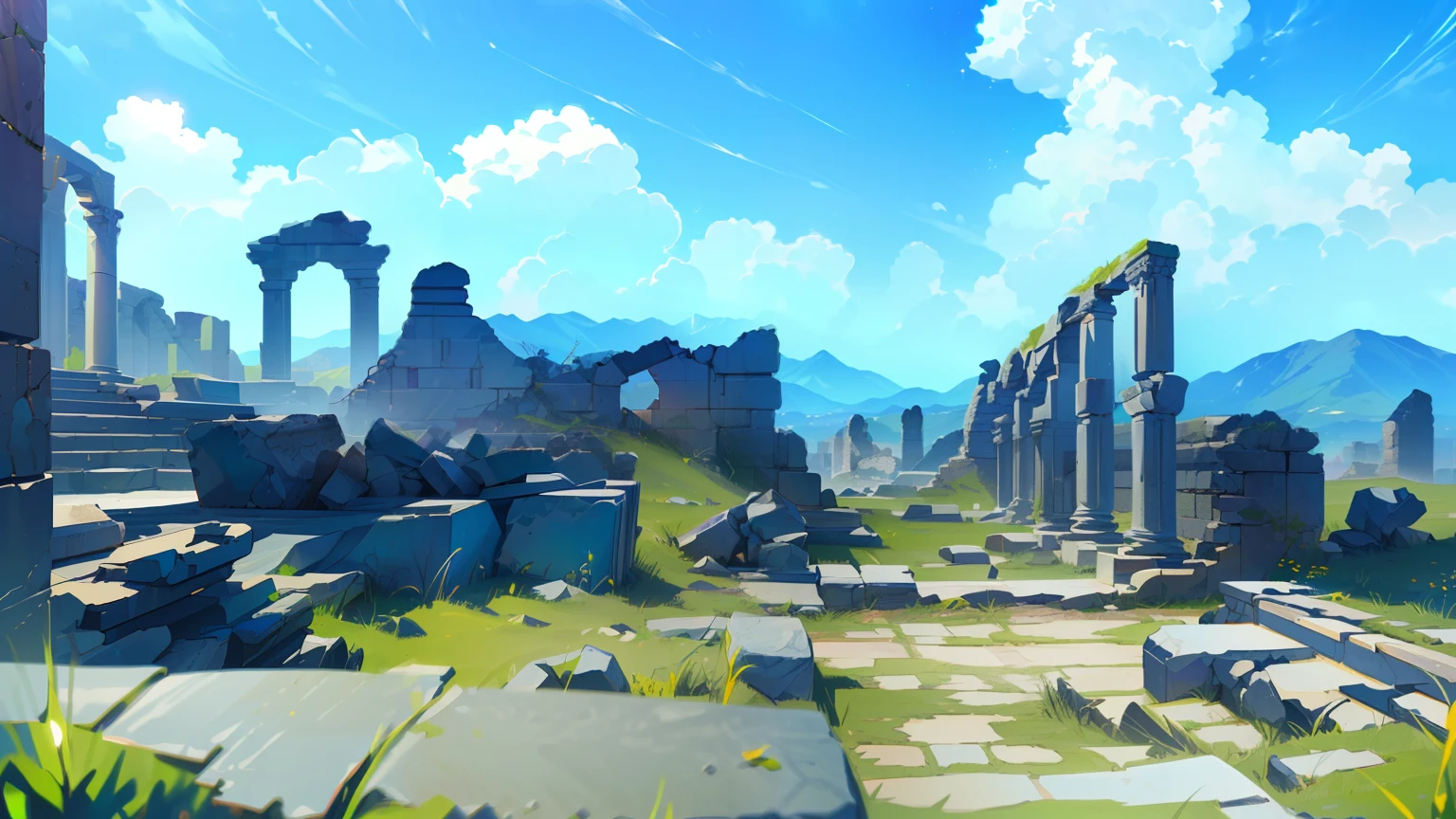 T Bokeh, Depth of Field, HDR, Bloom, Chromatic Aberration, and Intricat (illustration: 1.0), epic composition, realistic lighting, HD details, masterpiece, best quality, (very detailed CG unified 8k wallpaper), (((no people))), sunny day , ancient ruins, blue sky, fluffy clouds