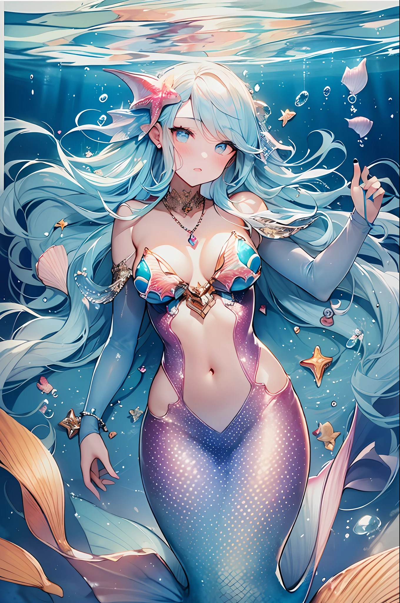 ((Masterpiece, Top Quality, Watercolor Art (Pendant), Official Art, Beautiful and Aesthetic: 1.2)), (Golden Ratio: 1.2), (Full Body: 1.2), (Ultra Detail: 1.3), (1 Girl: 1.3), (Fractal Art: 1.3), Full Body, (Glitter Pupil)), Pattern, (iridescent hair, colorful hair, half light blue and half pink hair: 1.2)), Colorful, writing, (Heterochromia), (Colorful: 1.5), ((swimsuit)), (((shy face)), ((seashell bikini)), (standing figure), (hyper detail), ((delicate detail)), (complex detail), ((cinematic light, highest quality backlight)), high contrast, ((best lighting, very delicate and beautiful)), ((cinematic light)), (ray-traced reflection, shine), ( (glowing aura)), ((glowing hair)), ((super detail)), ((8K)), (closeup)), delicate beautiful face and eyes,focus on face, deep sea background,masterpiece,detailed splashing, beautiful details water, shock sensation, (real: 0.5), original 2 high saturation, (surrounded by colorful splashes and dots), colorful bubbles, glasses, (((mermaid)), (fish in background)