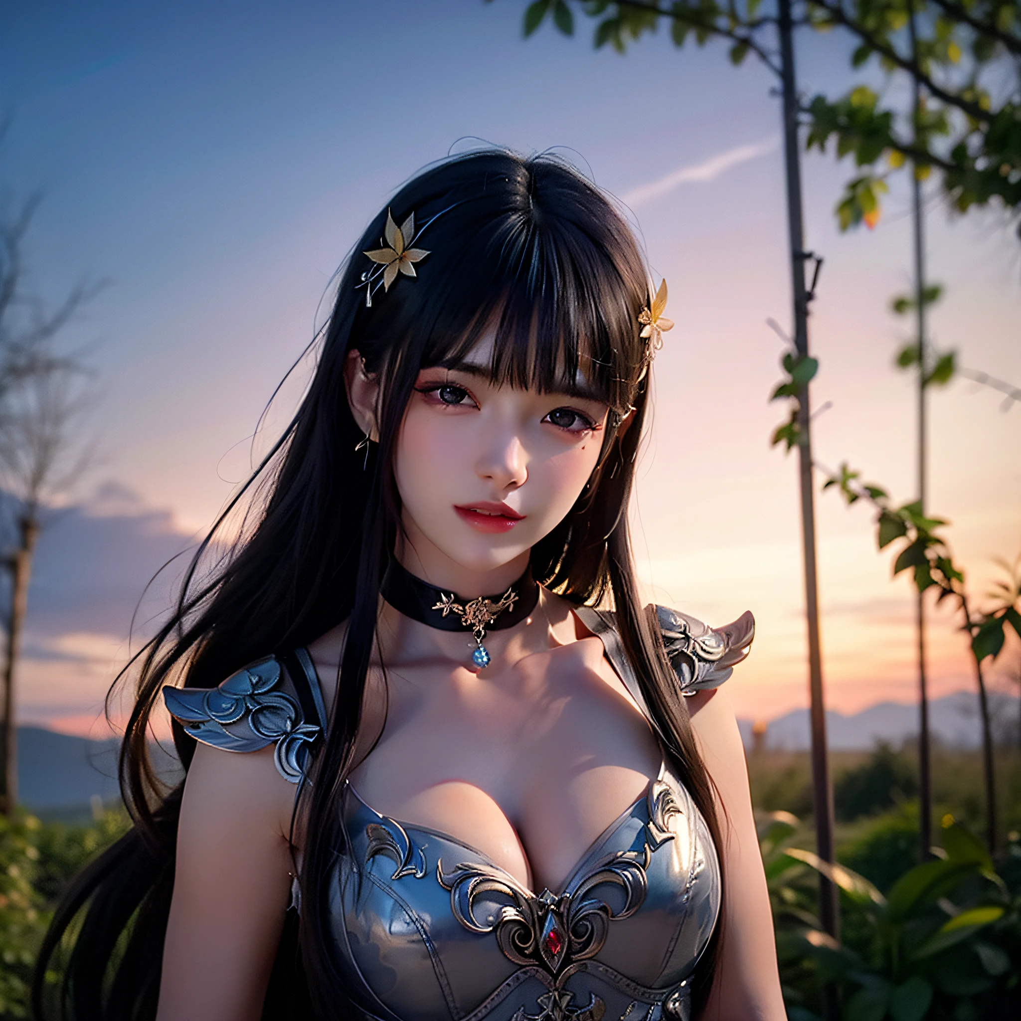 8k,(illustration),extremely detailed,CG,cinematic effects,cinematic light,((colorful)),
1girl,solo,choker,flower,maple leaf,beautiful face,red theme,long hair,looking at viewer,parted lips,(silver armor),upper body,jewelry,black choker,black hair,bangs,monochrome,standing between vines,standing between leaves,cremeic effect,front,