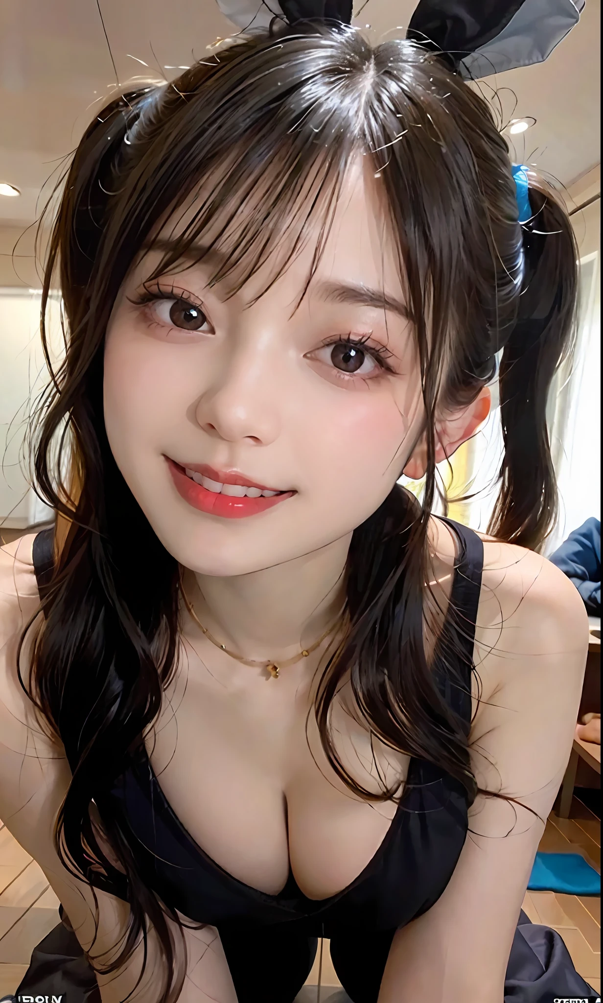(RAW photo: 1.2), top quality, beautiful detailed girl, bunny girl, smile, blonde, twin tails, highly detailed eyes and face, beautiful detailed eyes, huge file size, high resolution, high resolution, 8k wallpaper, fine detail, highly detailed ticker uniform 8k wallpaper, light on face, movie lighting, girl, sexy pose, (photorealism: 1.4), Illustration, surrealism, from below, super detail, masterpiece, playboy bunny, fishnet pantyhose, crawling on all fours, laughing happily