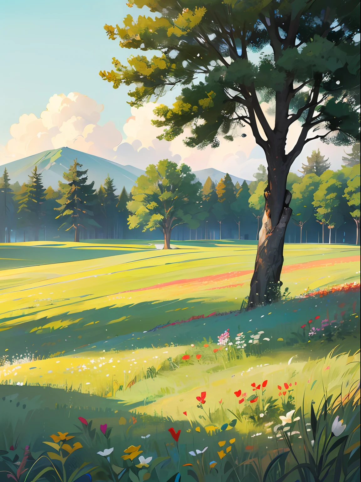 (Ultra HD, very detailed: 1.3,), decorative painting: 1.2, minimalist style, lines, pronounced texture: 1.1, bright colors: 1.4, trees, wildflowers, field in background: 1.1, outdoor light, open view