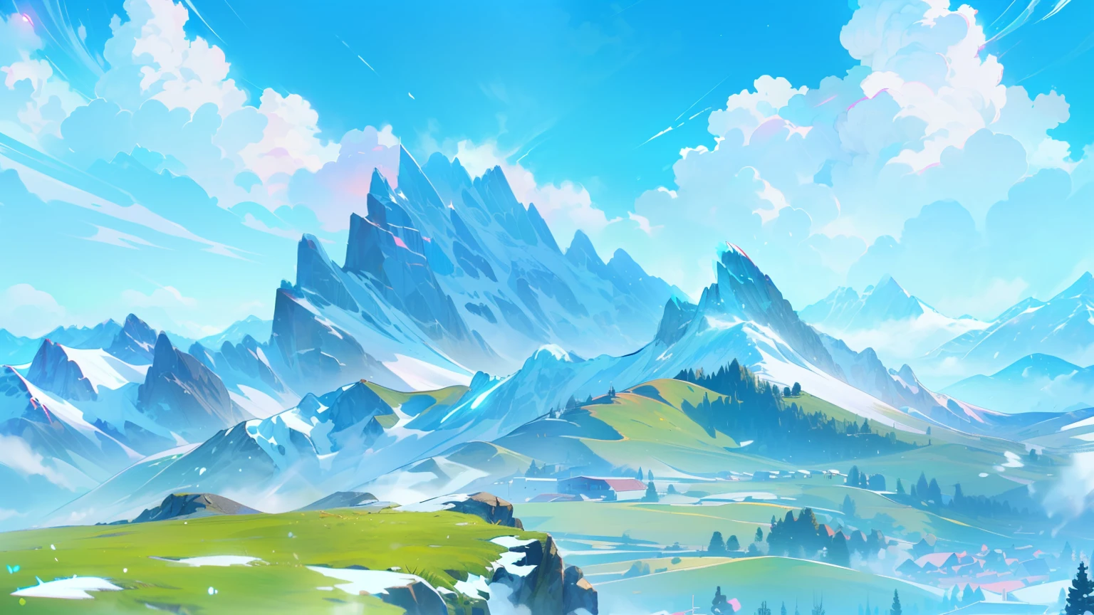 T Bokeh, Depth of Field, HDR, Bloom, Chromatic Aberration, and Intricat (illustration: 1.0), epic composition, realistic lighting, HD details, masterpiece, best quality, (very detailed CG unified 8k wallpaper), sky, clouds, huge mountain on background, snowy mountain