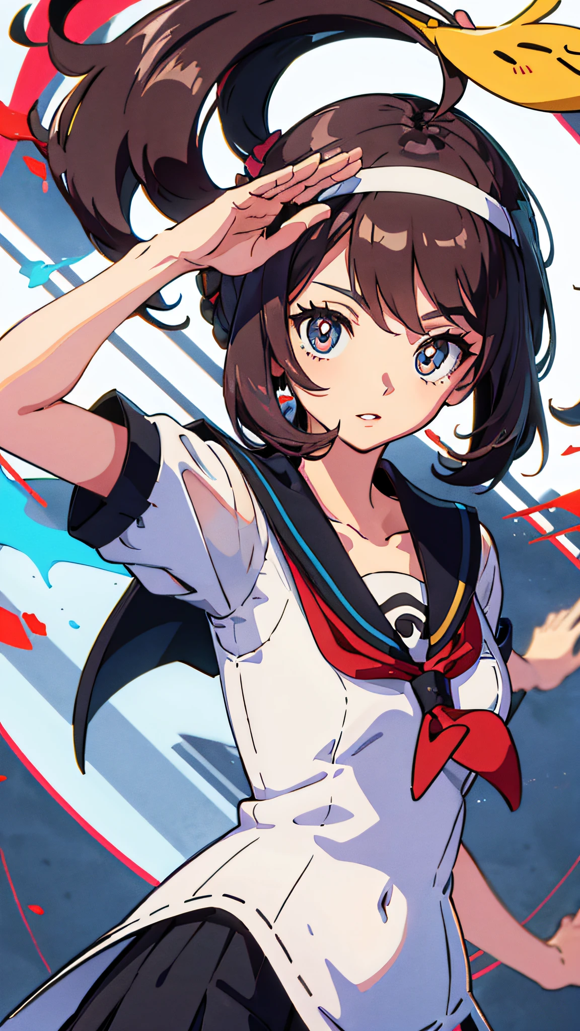 character from pokemon, salute, floating hair, 80s anime, dynamic poses, school landscape, Vivid colors. High image quality.