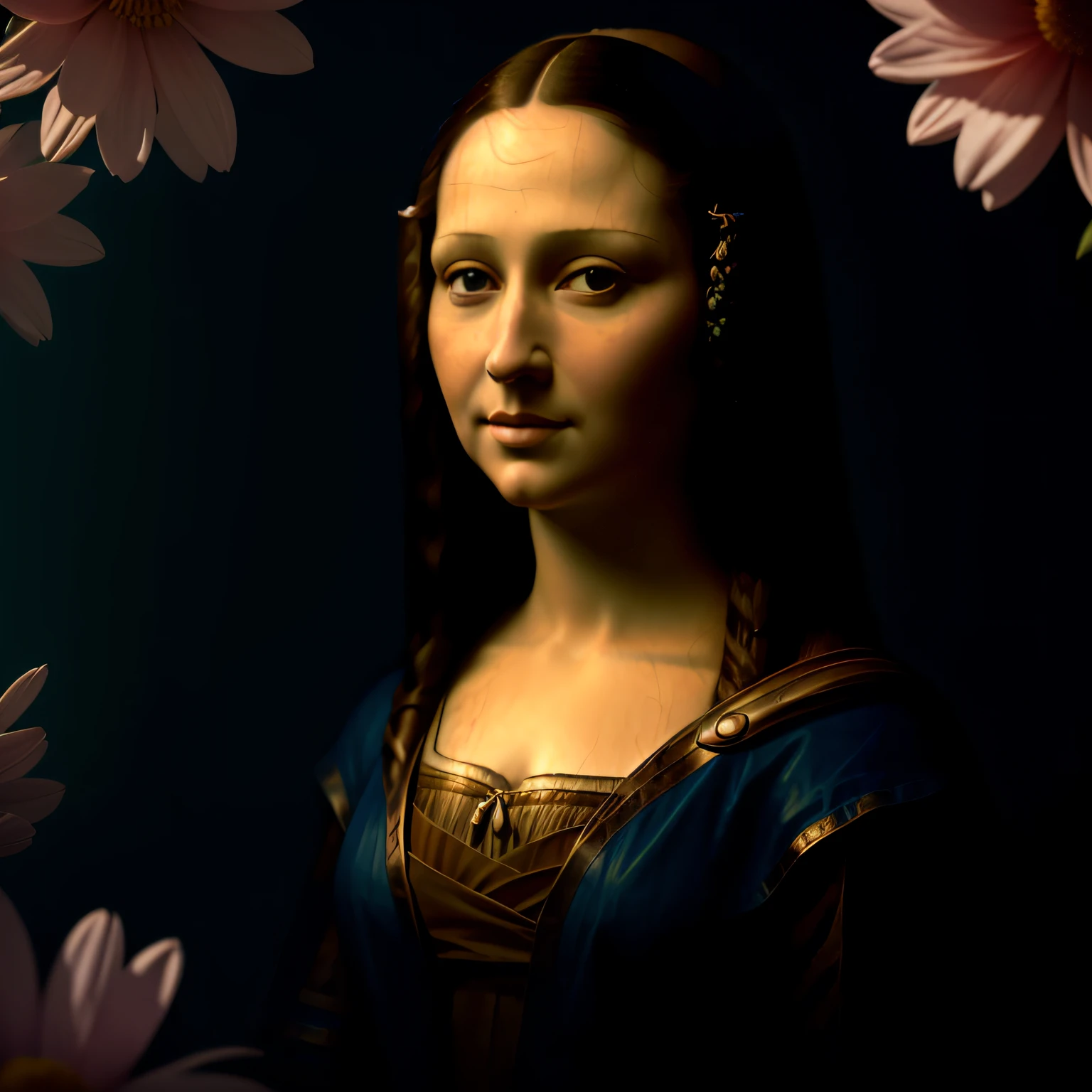 film still Monalisa realistic photo, surrounded by flowers, seamless, epic, cinematic, intricate details, award-winning, great lighting, shading, high quality, detailed --auto
