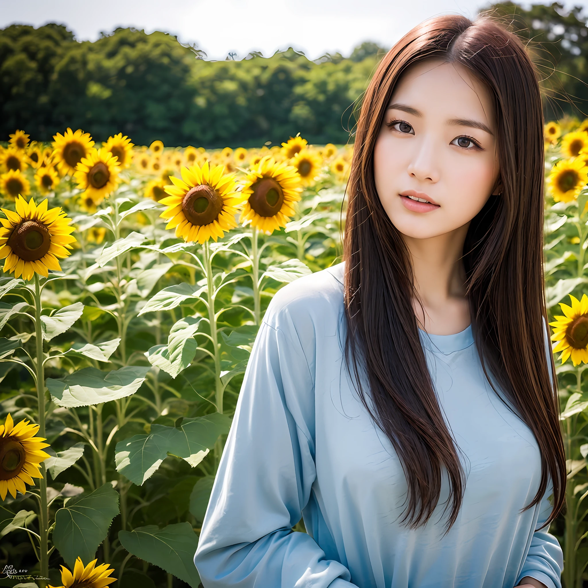 Photos taken by professional photographers, realistic photos, realistic skin texture, portrait of Japan woman 20 years old, sunflower field in full bloom in the background --auto