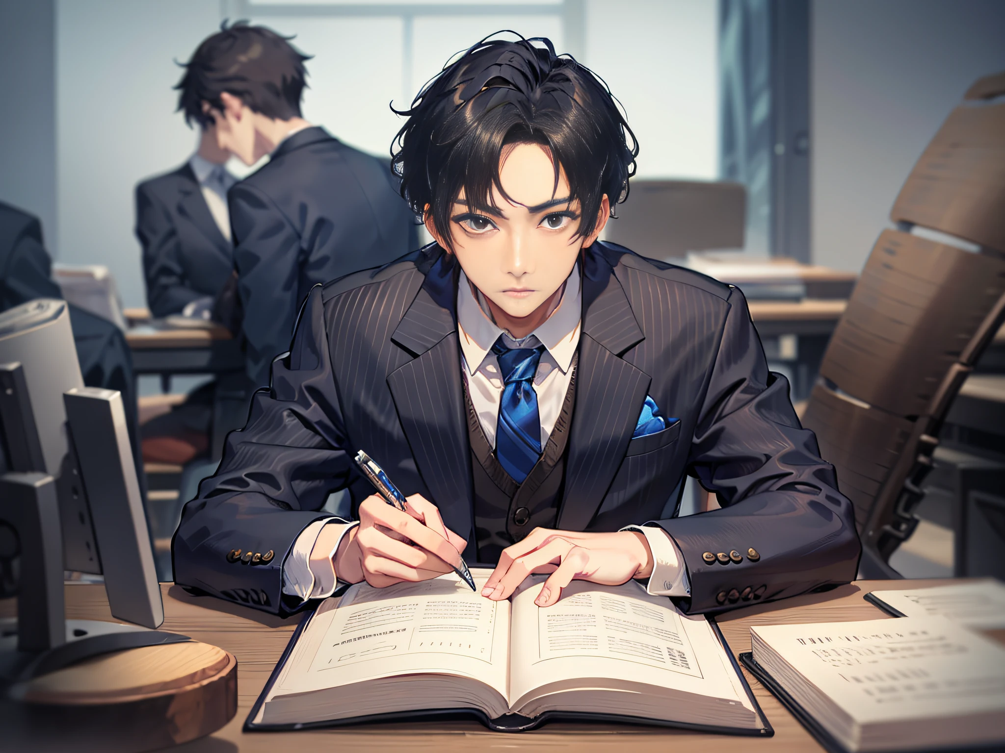A man in a suit sitting at his desk with a book and a pen in his hand, looking ahead, front face, two other men in the background, 2 boys, 3 boys, black hair, black coat, black suit, blue tie, blue neckline, book, formal, holding, holding book, jacket, multiple boys, tie, open book, shirt, stripe, striped tie, depth of field.