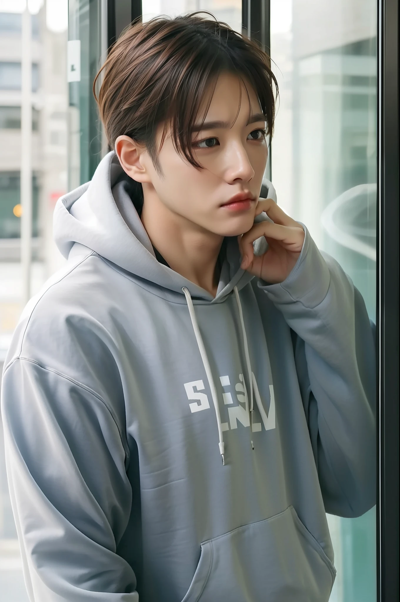 (realistic:1.5), handsome man thinking about something and ridding a bus, wearing hoodie, shirt (SF PRINTED ON SHIRT), ANGRY EYEBOW, looking outside window, posting for the pictures
