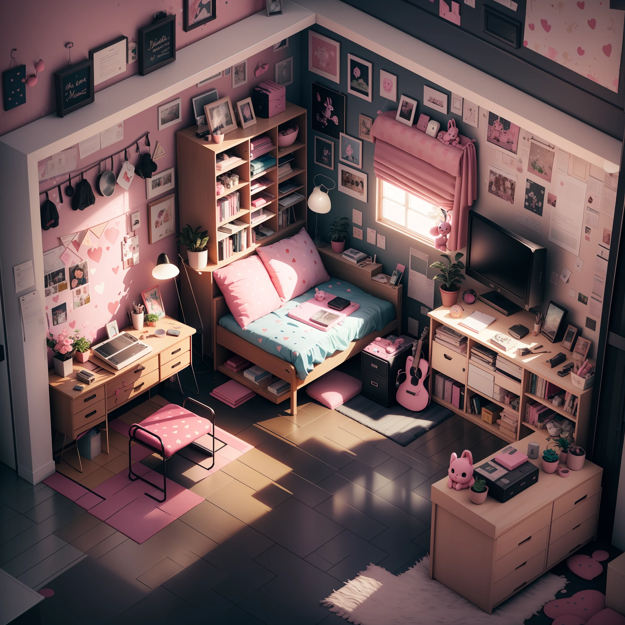 (Isometric Perspective: 1.5), (Pixar Style: 1.2), Room, Mural 3D, Disney, Panoramic Photo, White Background, Pink and Black Gliation Background, Global Illumination, Ray Tracing, Modeling, HDR, Octane Rendering, Unreal Rendering, Behans, Dribbling, Art Station, Best Quality, 8k, Pink and black gaming PC, cute desk, pink children's chair, pink and black rabbit print wallpaper, medicine box with pink contents, strawberry pattern floor, kitchen knife falling on the floor, midnight, pink, black, messy, pink bed, pillow black, sloppy, falling ribbon, heart desk lamp, 1 room, houseplant not taking care of, dark, no one, Old sofa in parfait style