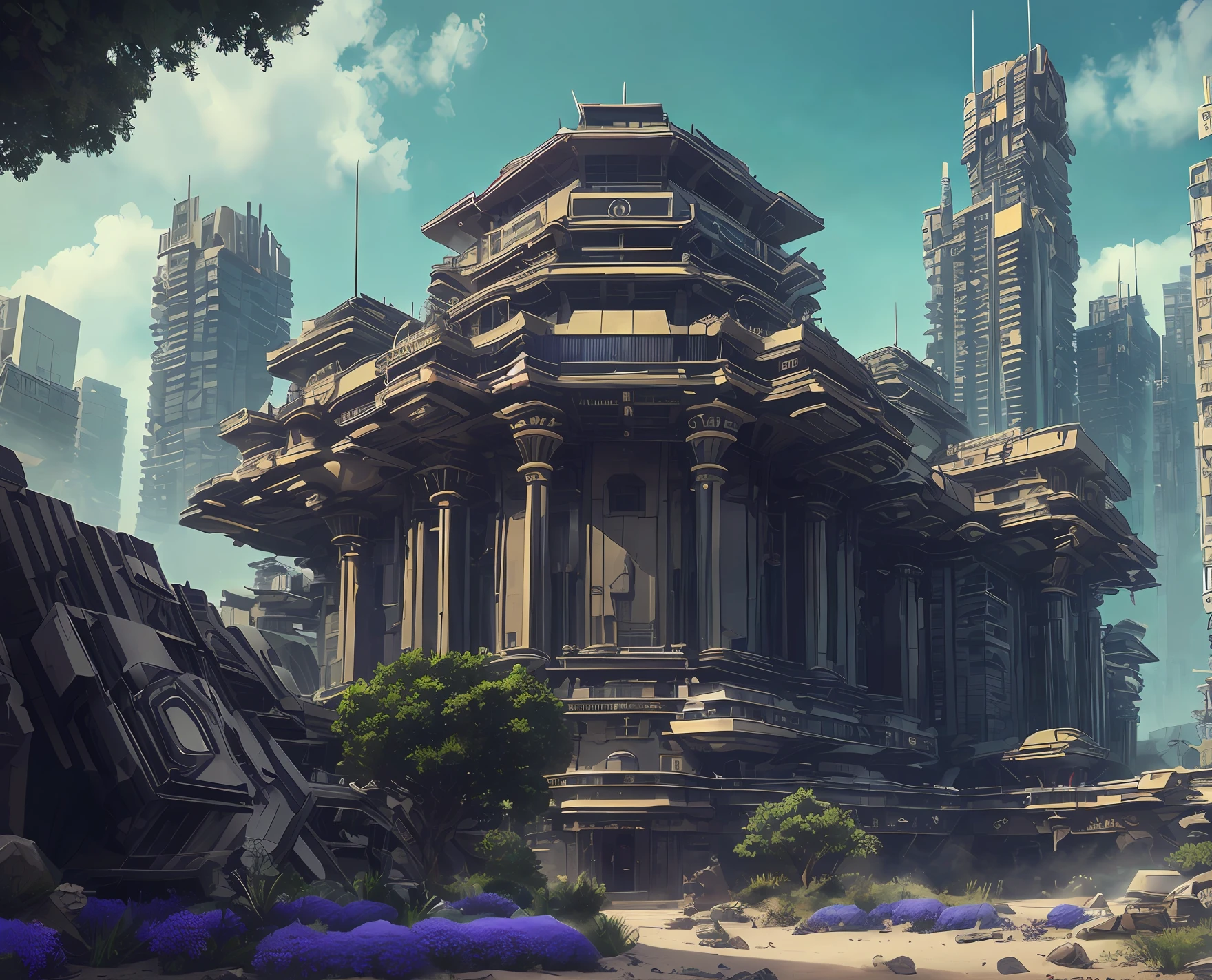 beautiful starwars neobrutalist modern temple complex, dominated by central pyramid, cyberpunk neoclassical building, deep atmosphere, dust, highly detailed buildings, trending in cgsociety, art nouveau skyscraper, highly detailed buildings, lush nature, flowers and trees by jean-honoré fragonard, 8k resolution 3d scanned materials, unreal engine, octane rendering, hyper realistic, cobalt blue cinematic blade runner 4k, trending on artstation and cgsociety (intricate delicate fine elegant) minutely detailed, exaggerated high detailed, super hyper detailed Processing: powerful unreal engine 5, art station (intricate). Post production presented with VFX, painstaking work by: Joe Letteri, Richard Baneham, Eric Saindon, Daniel Barrett (VES, BAFTA, CC) Extremely detailed in 120K, ultra super HD with the best technology