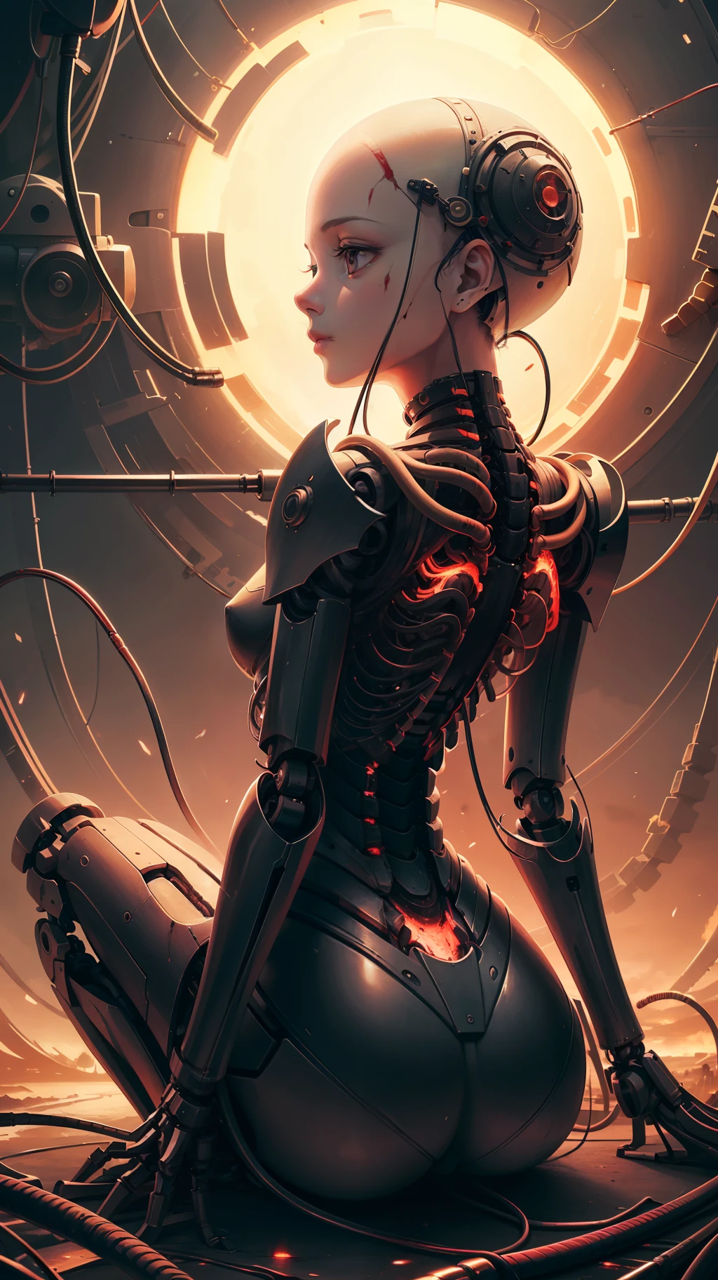 (((masterpiece))), ((((best quality)))), (((ultra-detailed))), (highly detailed CG illustration), ((an extremely delicate and beautiful face)),(cute and delicate face), cinematic light, ((1 mechanical girl)), solo, whole body, (machine-made joints: 1.4), ((mechanical limbs)), (blood vessels connected to tubes), ((mechanical vertebra attached to the back)), ((mechanical cervial attached to the neck)),((sitting)),without expression,(wires and cables attached to the head and body:  1,5),(focus on the character),science fiction, giant oval bald head, lots of intricate gears, Ginger art.