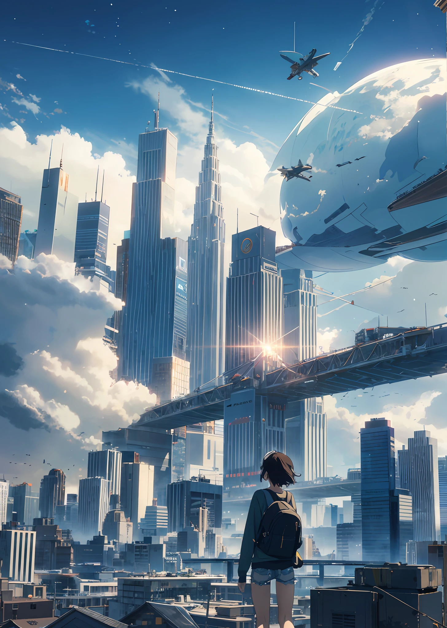 Vast sky, beautiful skyline, standing high, looking at the future city cluster in the distance, hovercars flying in the sky, extremely tense and dramatic pictures, moving visual effects, hanging North Star, colorful natural light. Long-sleeved top, denim shorts, teenage girl with backpack.