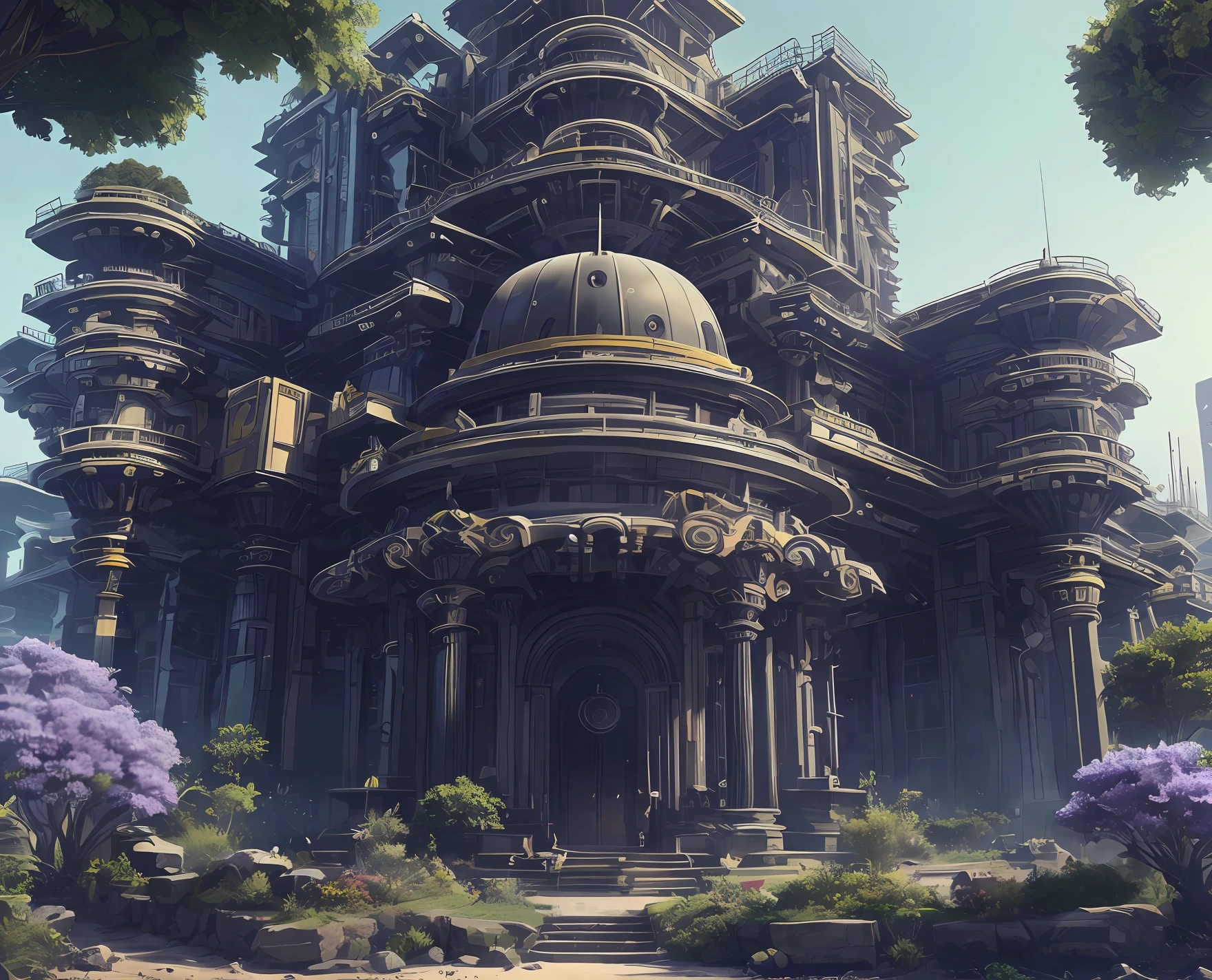 beautiful starwars neobrutalist modern temple complex, dominated by central pyramid, cyberpunk neoclassical building, deep atmosphere, dust, highly detailed buildings, trending in cgsociety, art nouveau skyscraper, highly detailed buildings, lush nature, flowers and trees by jean-honoré fragonard, 8k resolution 3d scanned materials, unreal engine, octane rendering, hyper realistic, cobalt blue cinematic blade runner 4k, trending on artstation and cgsociety (intricate delicate fine elegant) minutely detailed, exaggerated high detailed, super hyper detailed Processing: powerful unreal engine 5, art station (intricate). Post production presented with VFX, painstaking work by: Joe Letteri, Richard Baneham, Eric Saindon, Daniel Barrett (VES, BAFTA, CC) Extremely detailed in 120K, ultra super HD with the best technology