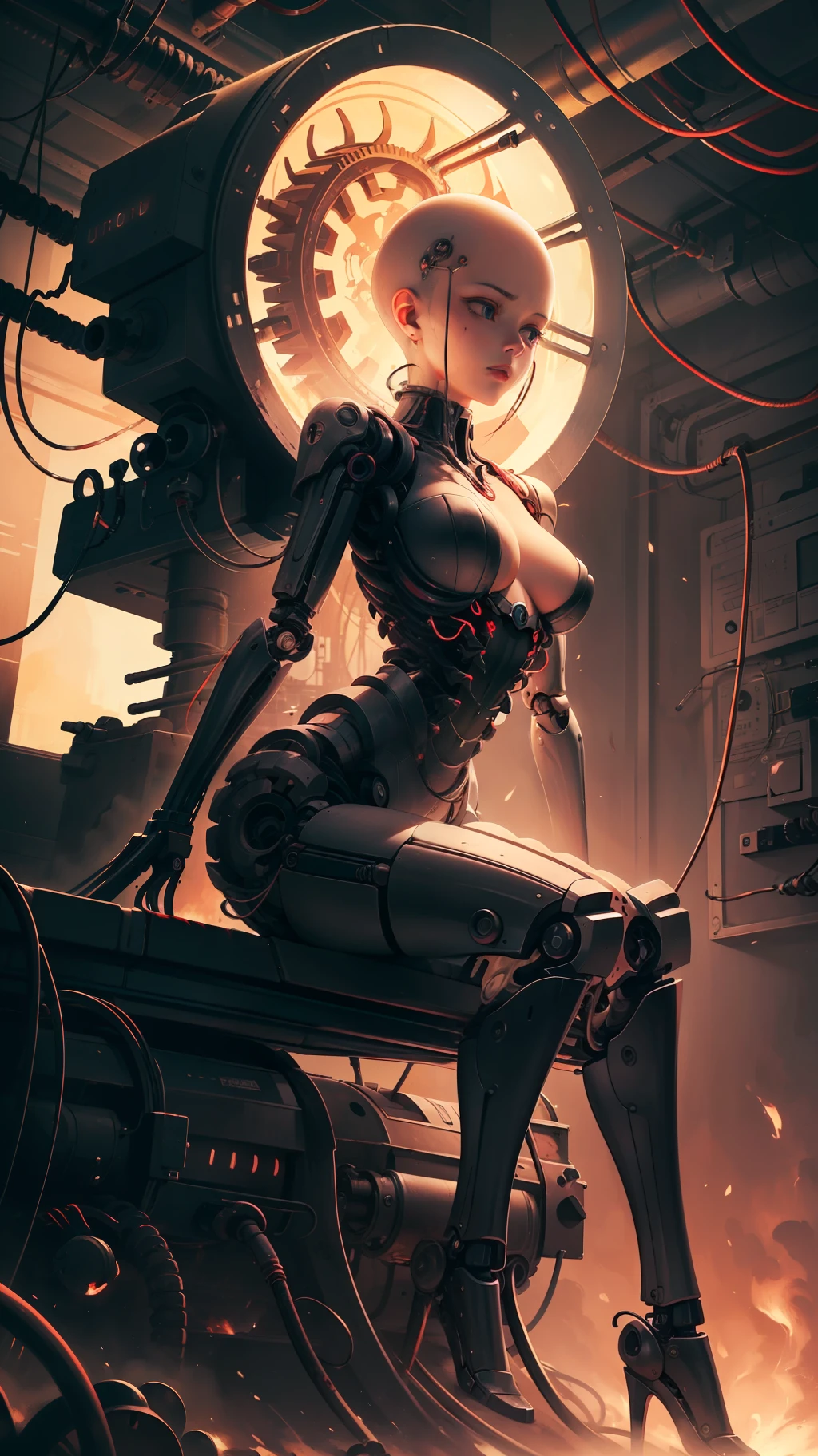 (((masterpiece))), ((((best quality)))), (((ultra-detailed))), (highly detailed CG illustration), ((an extremely delicate and beautiful face)),(cute and delicate face), cinematic light, ((1 mechanical girl)), solo, whole body, (machine-made joints: 1.4), ((mechanical limbs)), (blood vessels connected to tubes), ((mechanical vertebra attached to the back)), ((mechanical cervial attached to the neck)),((sitting)),without expression,(wires and cables attached to the head and body: 1,5),(focus on the character),science fiction, giant oval bald head, lots of intricate gears, Ginger art.