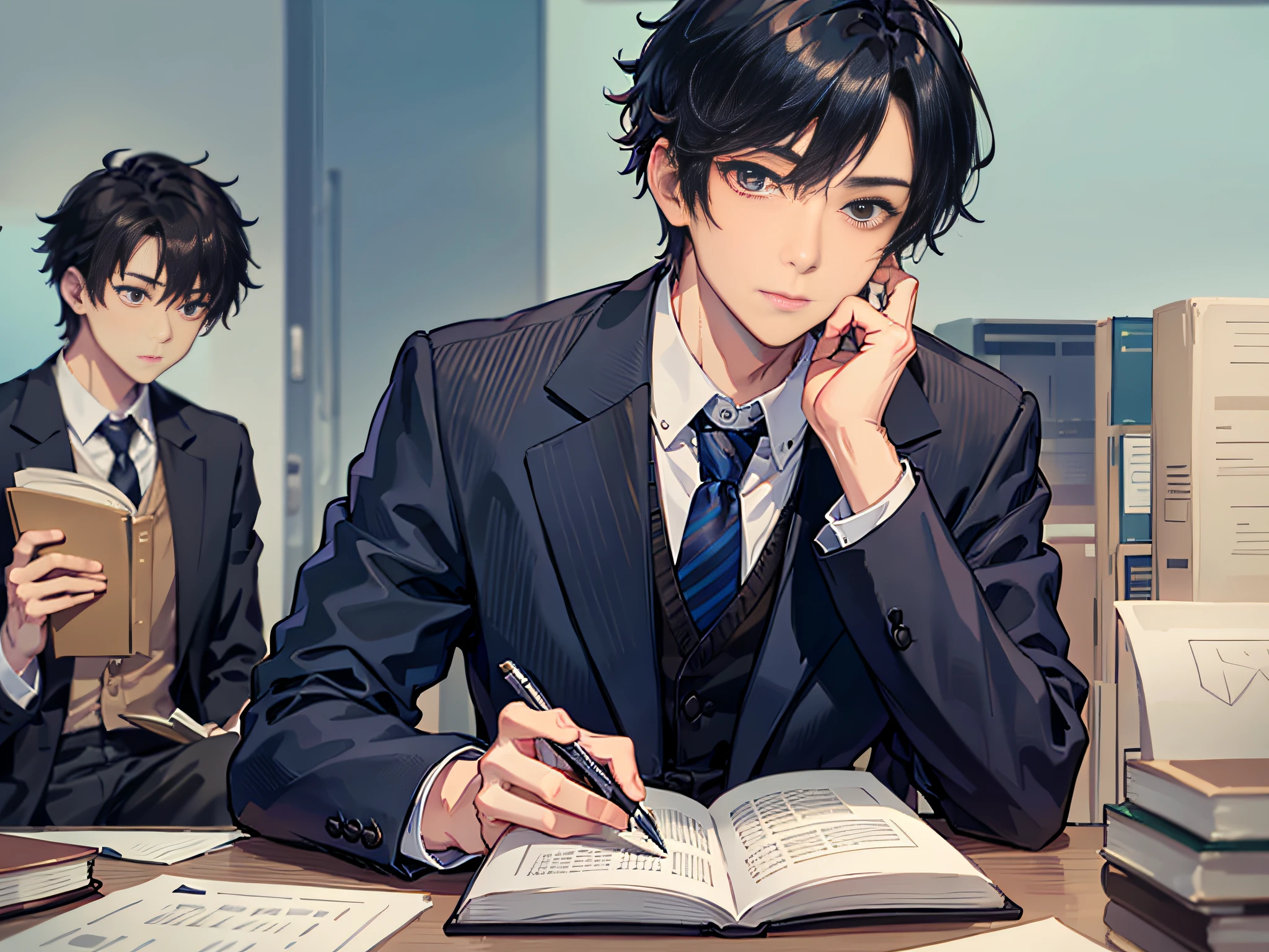 A man in a suit sitting at his desk with a book and a pen in his hand, looking ahead, front face, two other men in the background, 2 boys, 3 boys, black hair, black coat, black suit, blue tie, blue neckline, book, formal, holding, holding book, jacket, multiple boys, tie, open book, shirt, stripe, striped tie, depth of field.