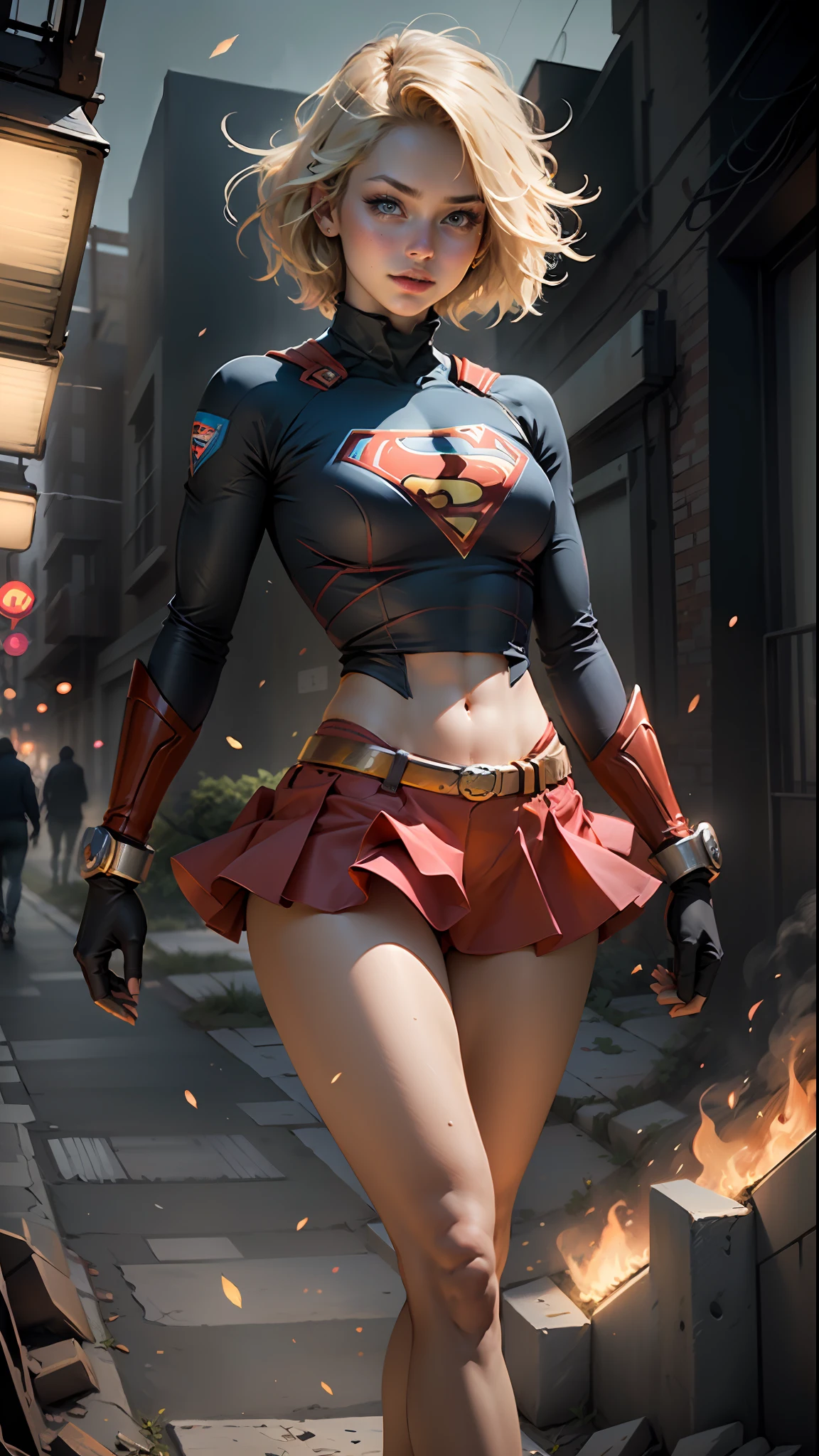 "((best quality,best illumination)), beautiful model with short hair and athletic body, wearing Supergirl cosplay, skirt shorts, accentuated and highlighted breasts, dynamic pose, colorful background, high saturation, vibrant lights."