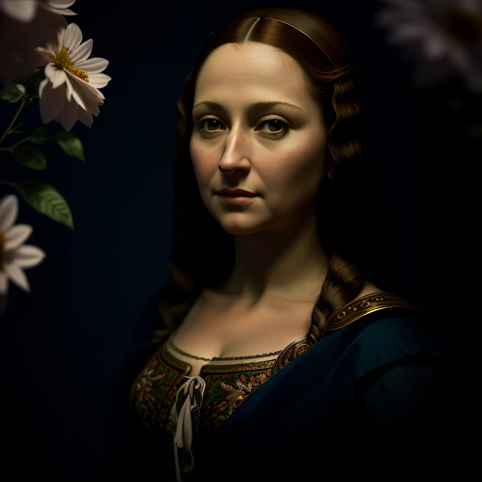 film still Monalisa realistic photo, surrounded by flowers, seamless, epic, cinematic, intricate details, award-winning, great lighting, shading, high quality, detailed