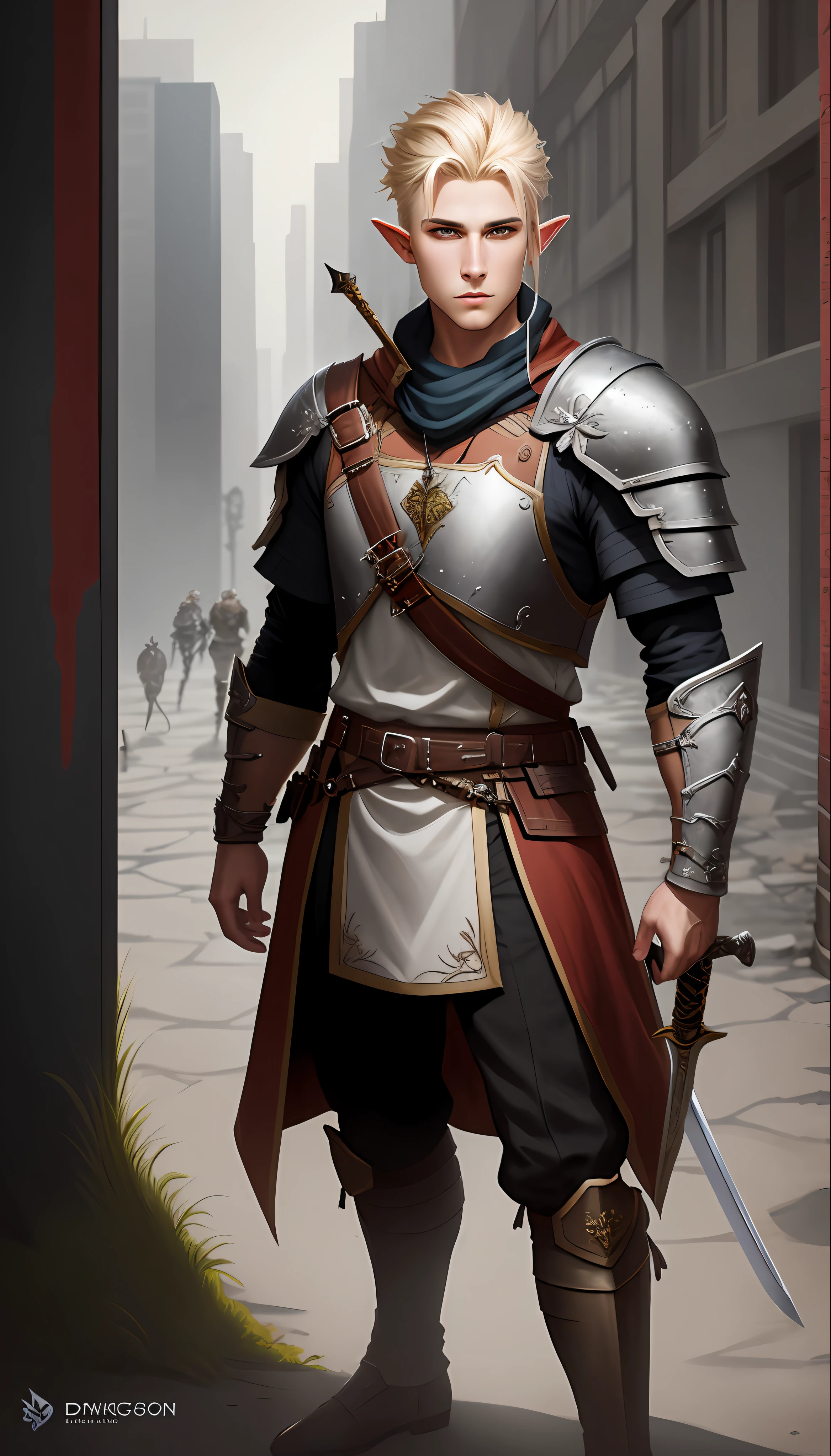 there is a man with a sword standing in front of a building, fantasy genre portrait, male blonde elf ranger, male warrior, fantasy character portrait, d & d style full body portrait, male elf ranger, rpg book portrait, full body dnd character portrait, inspired by Johannes Helgeson, picture of an adult male warrior, fantasy male portrait, stylized urban fantasy artwork