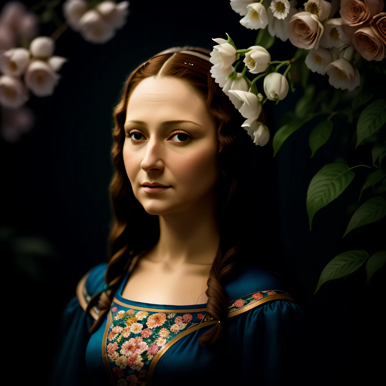 film still Monalisa realistic photo, surrounded by flowers, seamless, epic, cinematic, intricate details, award-winning, great lighting, shading, high quality, detailed --auto