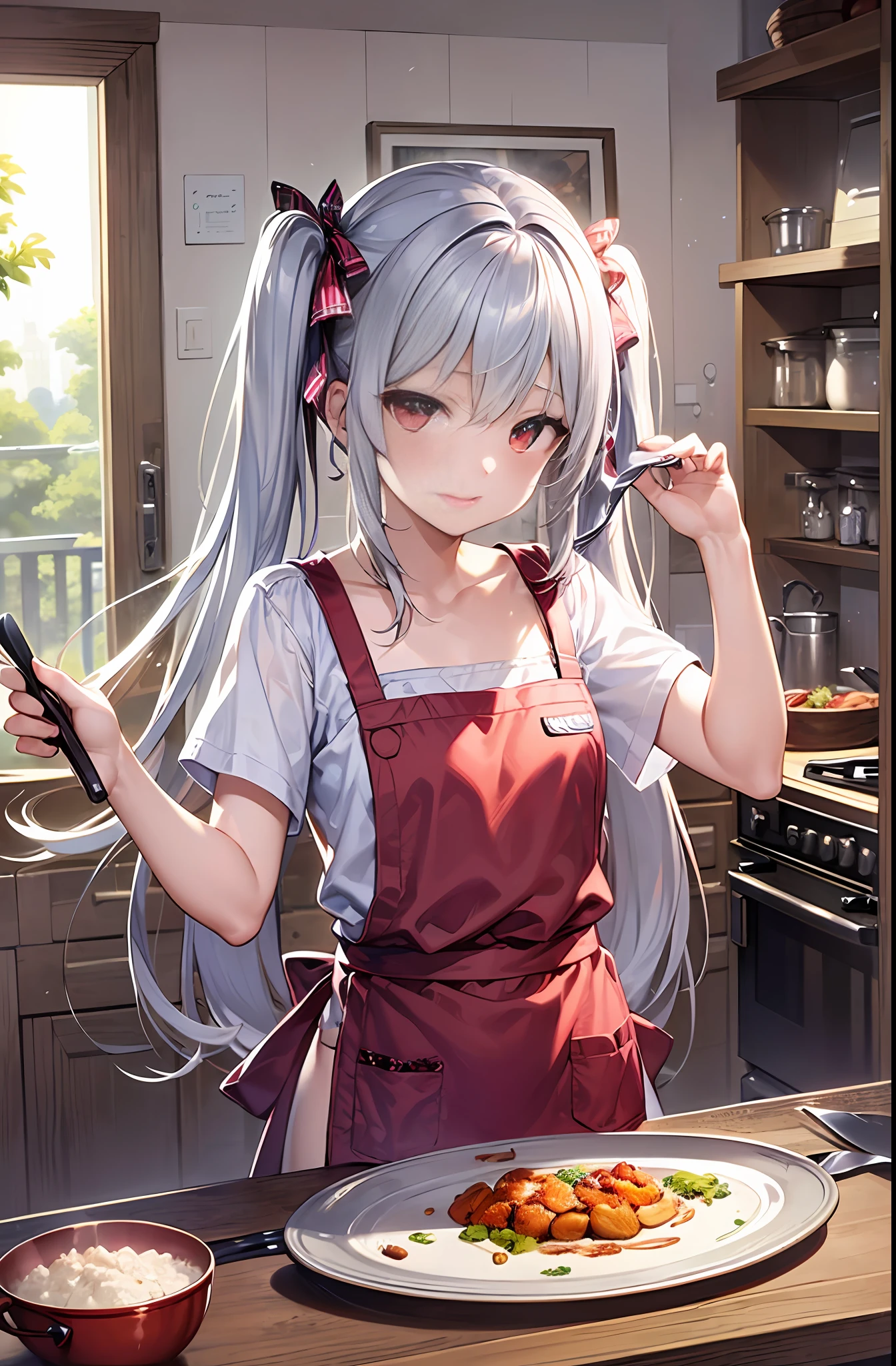 ((masterpiece)), (((best quality))), ((ultra-detailed)), ((illustration)), ((disheveled hair)),((solo)),1girl, solo,loli,red beautiful eyes,,small chest,silver hair,long twintails hair,casual outfit,apron,cooking, morning vibes,
