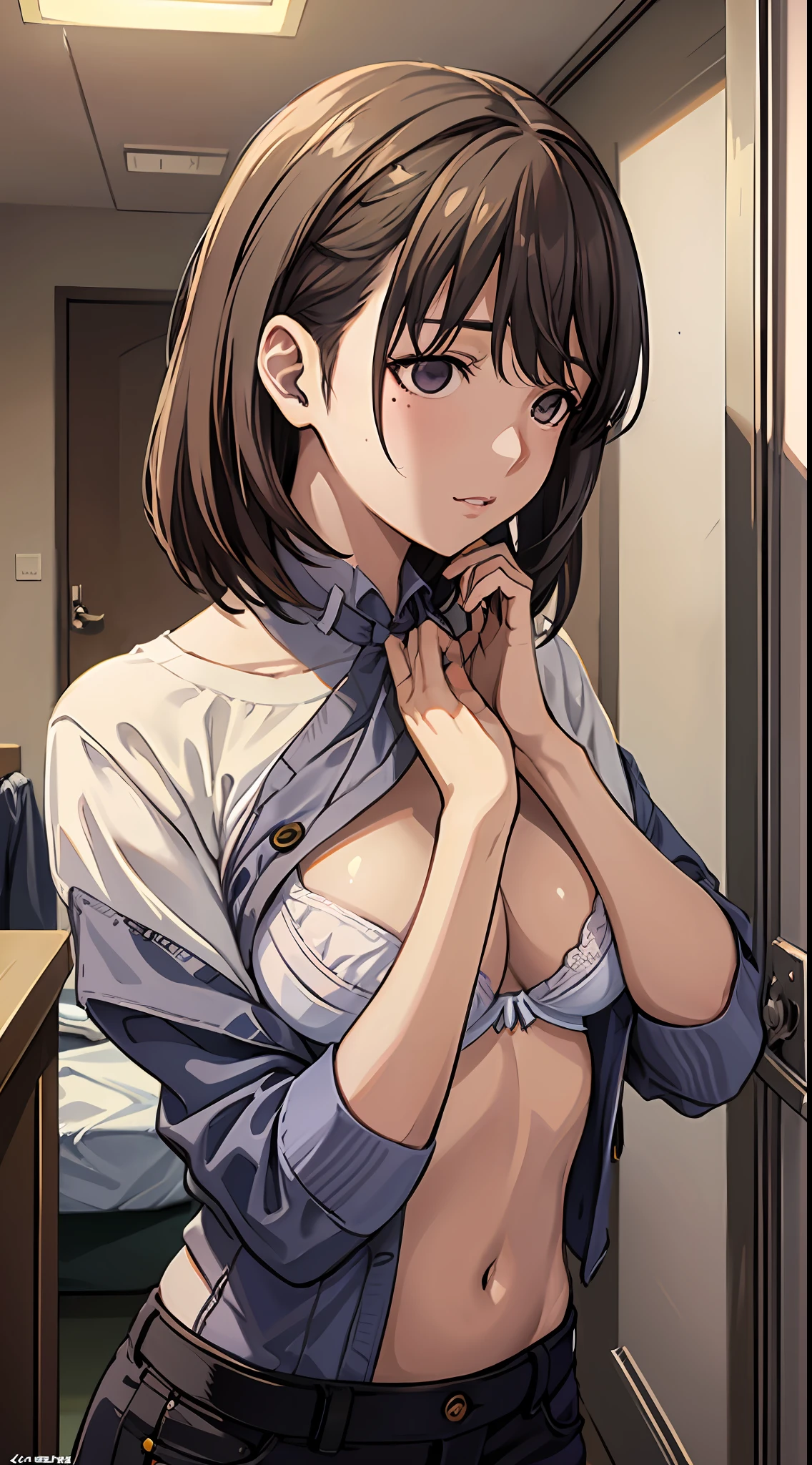 Anime girl with big breasts posing in front of the window, ((Shirt chest wide open with hands)),((Bra exposed)), ((looks away in embarrassment)), ((Upper body)), (Focus on people)), Seductive anime girl, best anime 4k Konachan wallpaper, perfect gray haired girl, charming anime girl, 4k anime wallpaper, 4K manga wallpapers,, detailed digital anime art, anime best girls, beautiful anime girls, cyberpunk, detailed anime artwork, beautiful attractive anime women