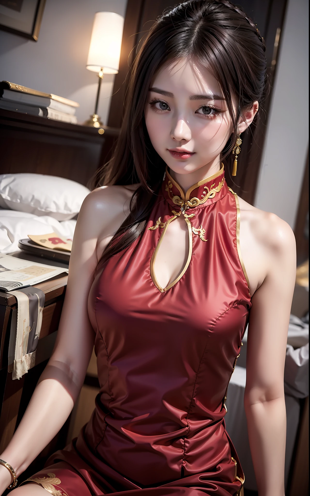 (wearing red cheongsam), gorgeous chinese model, chinese dress, beautiful asian girl, chinese girl, beautiful oriental woman