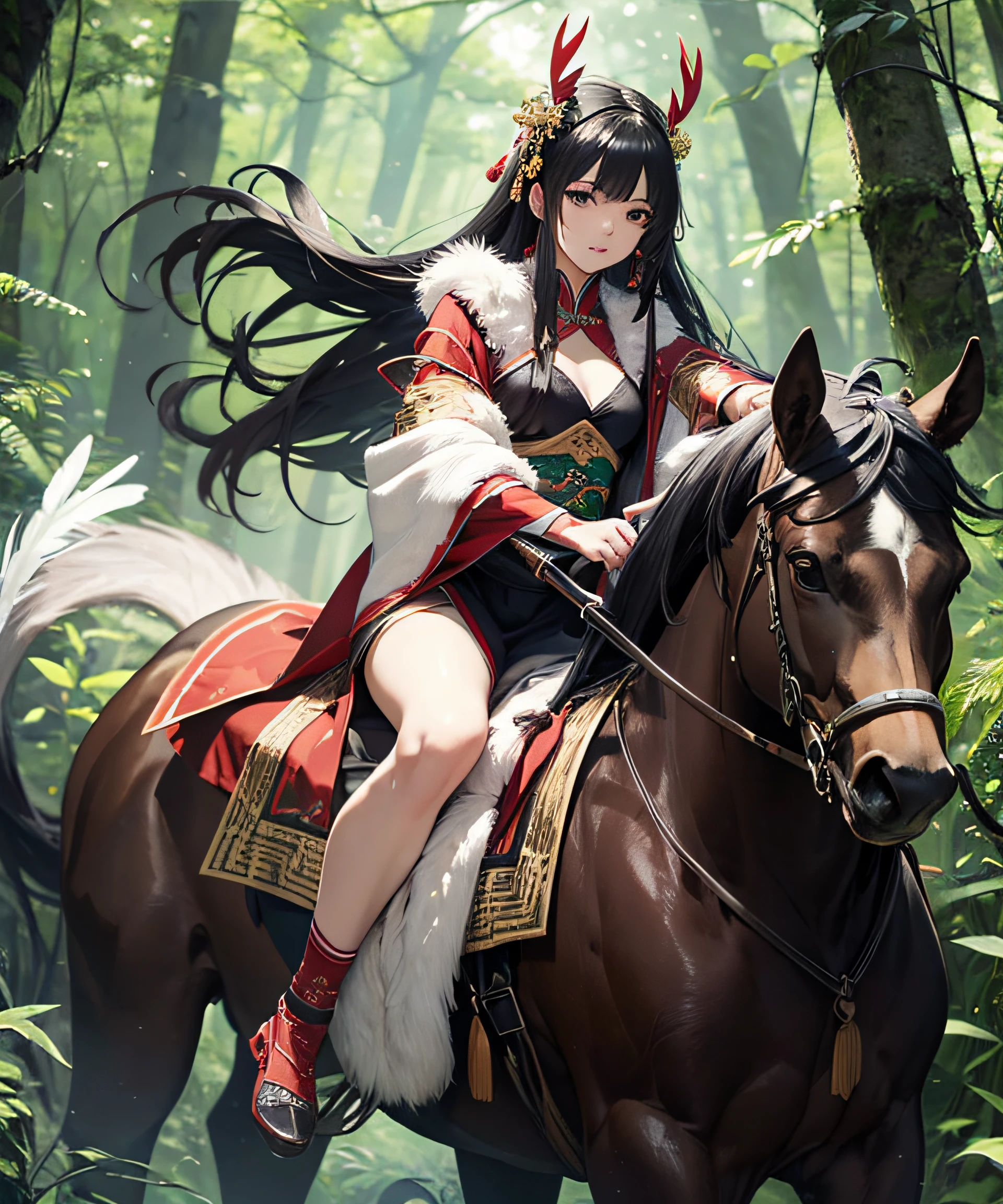 Top quality, masterpiece, realistic, best resolution, in the forest, riding on the back of a stagon, heavenly woman in a feather robe in Chinese costume, long black hair