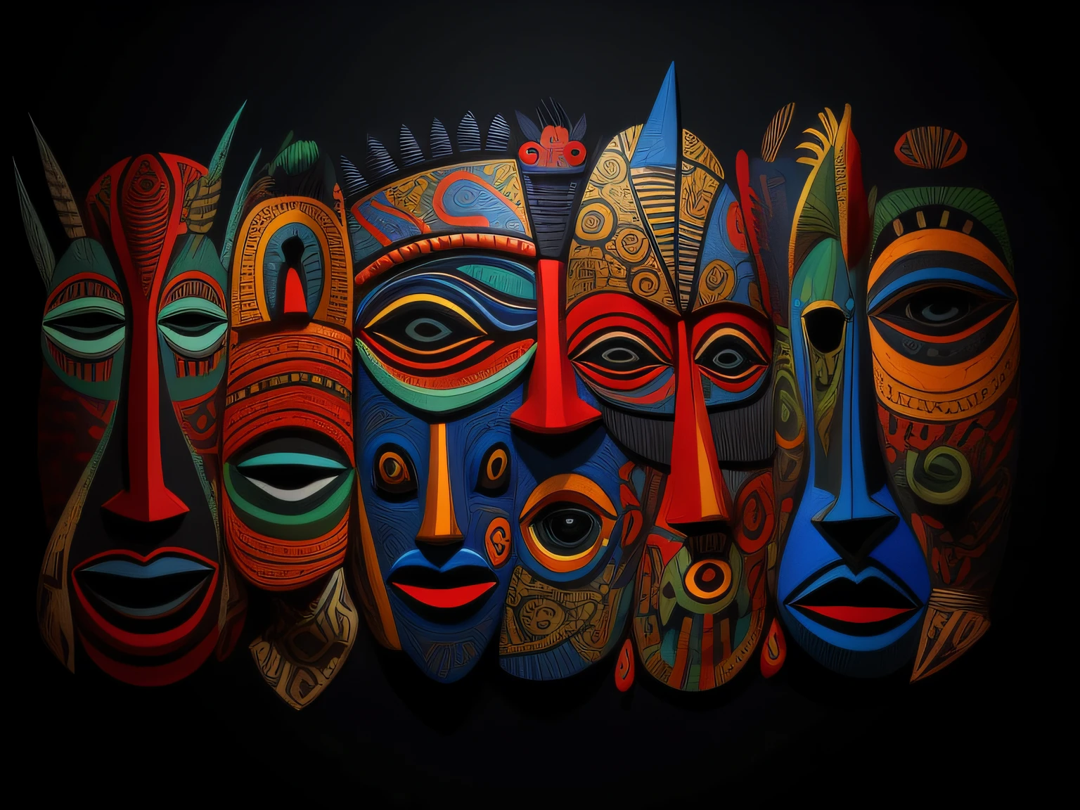 painting of a group of colorful faces on a black background, african arts, tribal masks, tribal art, intricate faces, colourful artwork, multicolored faces, tribal mask, trending artistic art, black art, indigenous art, african mask, masks, stunning artwork, tribal ancient imagery, african mythology, west africa mask patterns style, colorful character faces, dramatic artwork, artwork