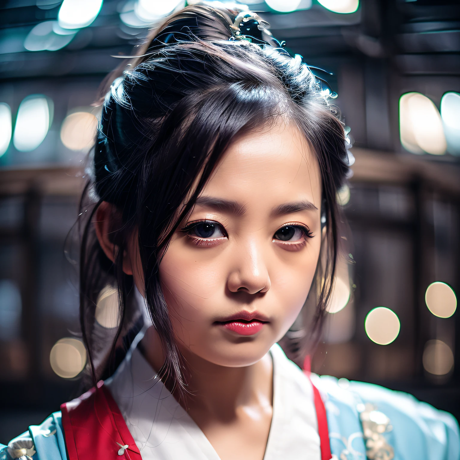 Japan Edo period landscape, color, (realistic face, realistic hair:1.2), disheveled kimono, soaked, sweat, smile, DSLR, photo, (detailed face), depth of field, --auto
