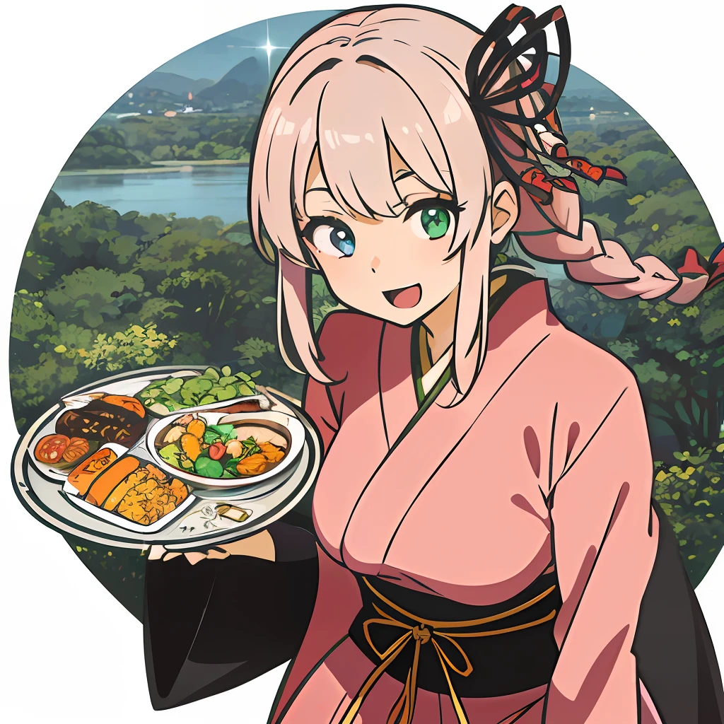 One girl, Solo, in a glowing meadow, {heterochromia,pale blue eyes,pale green eyes:1.5}, silhouette of star eyes, standing figure, happy, :d, break ((pale pink hair, braid, semi-long hair, ribbon: 1.5)), thinning hair, break, big, (dynamic angle: 1.2), break, upper body, dramatic angle, ( half updo:1.1), highwind, gorgeous, lens flare, (japanese dress :1.3), glitter, middle breasts, evil smile, (japanese food shop), evening, (shiny eyes, highly detailed anime big eyes),(( round tray on knees, japanese foods)),