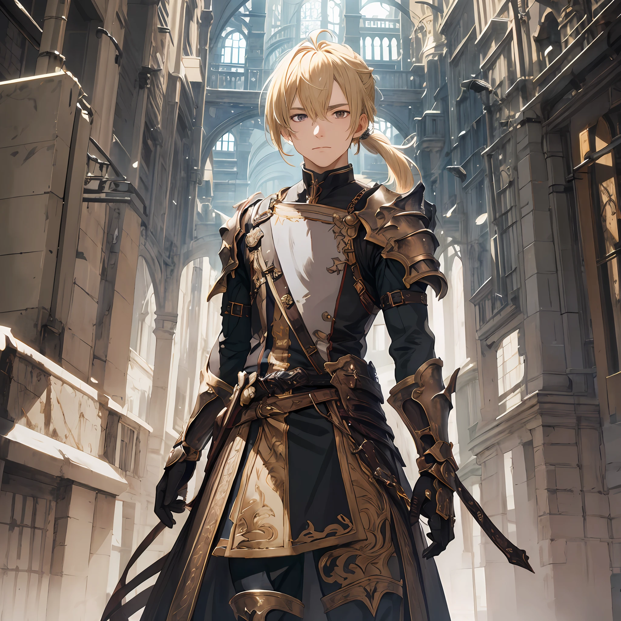 masterpiece, best quality, 1man, adult, male focus, solo, blonde hair, ponytail hair, vibrant brown eyes, looking at viewer, High quality metal texture, closed mouth, bangs, high collar,(kbxll:0.6), Fantasy aesthetics, Highly detailed, shadowverse style, knight commander