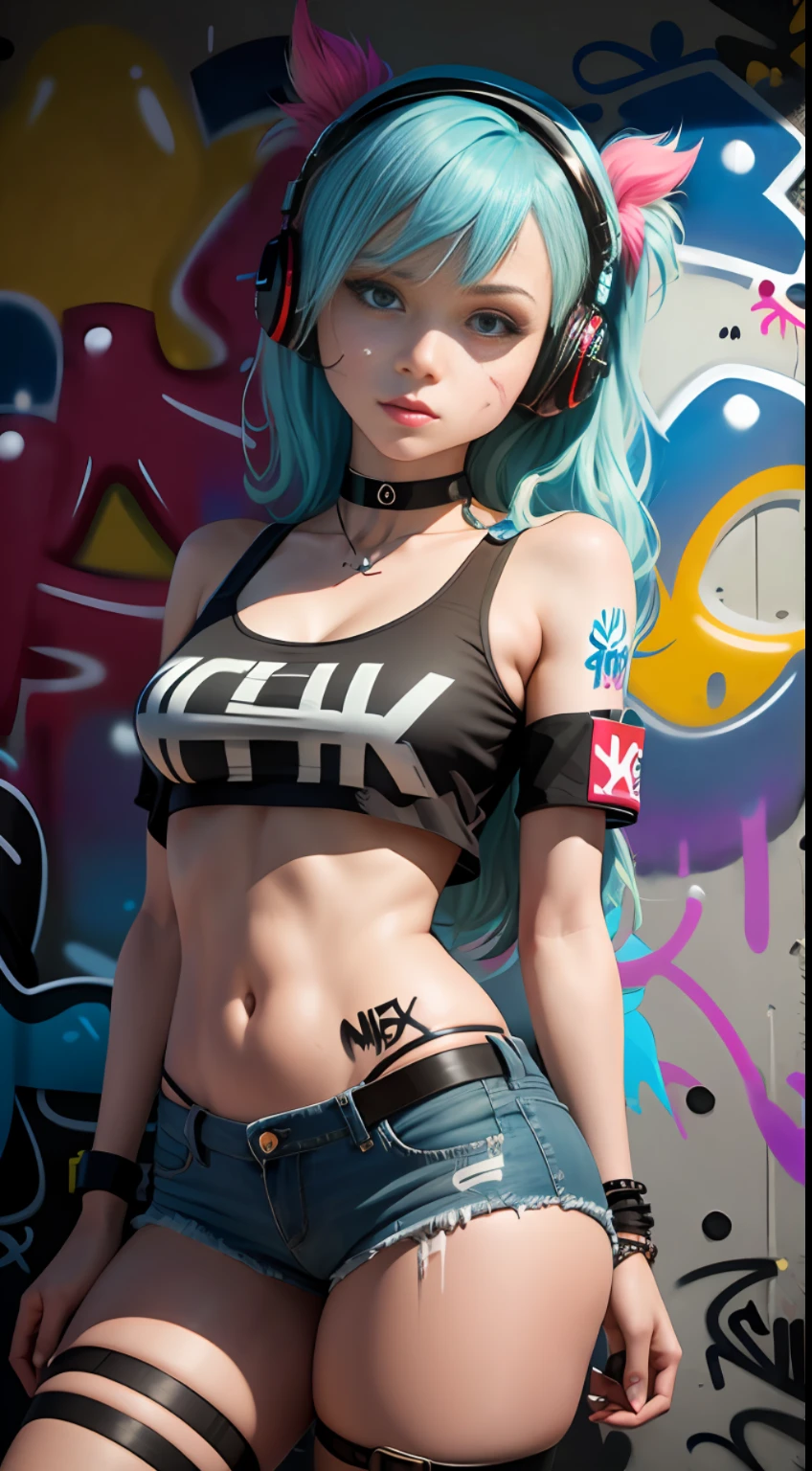 masterpiece, best quality, 1girl, solo, crop top, denim shorts, choker, (graffiti:1.5), paint splatter, arms behind back, against wall, looking at viewer, armband, thigh strap, paint on body, head tilt, bored, multicolored hair, aqua eyes, headset,