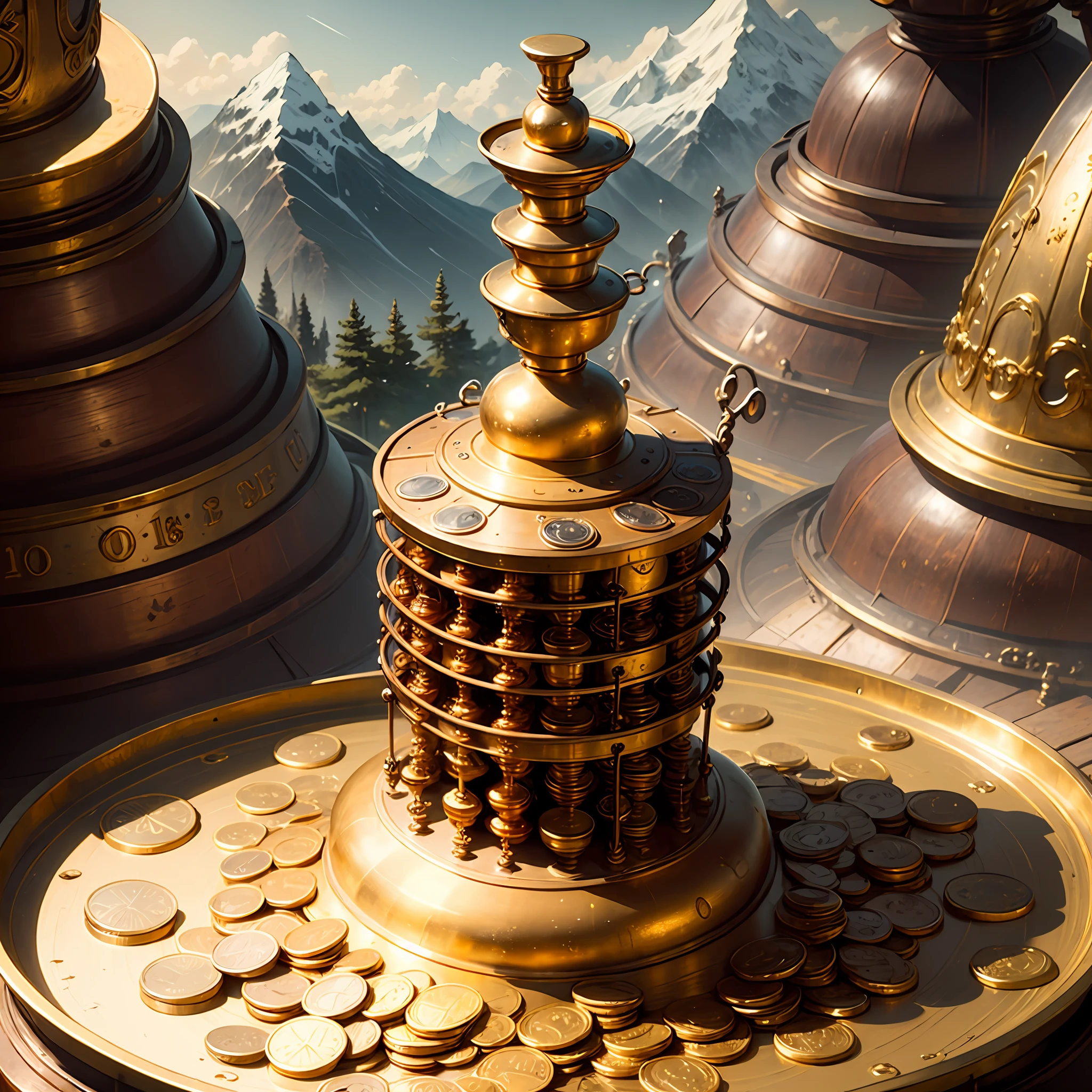 Mountains of gold bars and gold coins are scattered around the huge 18th-century alchemy apparatus, photographic style and apparatus.